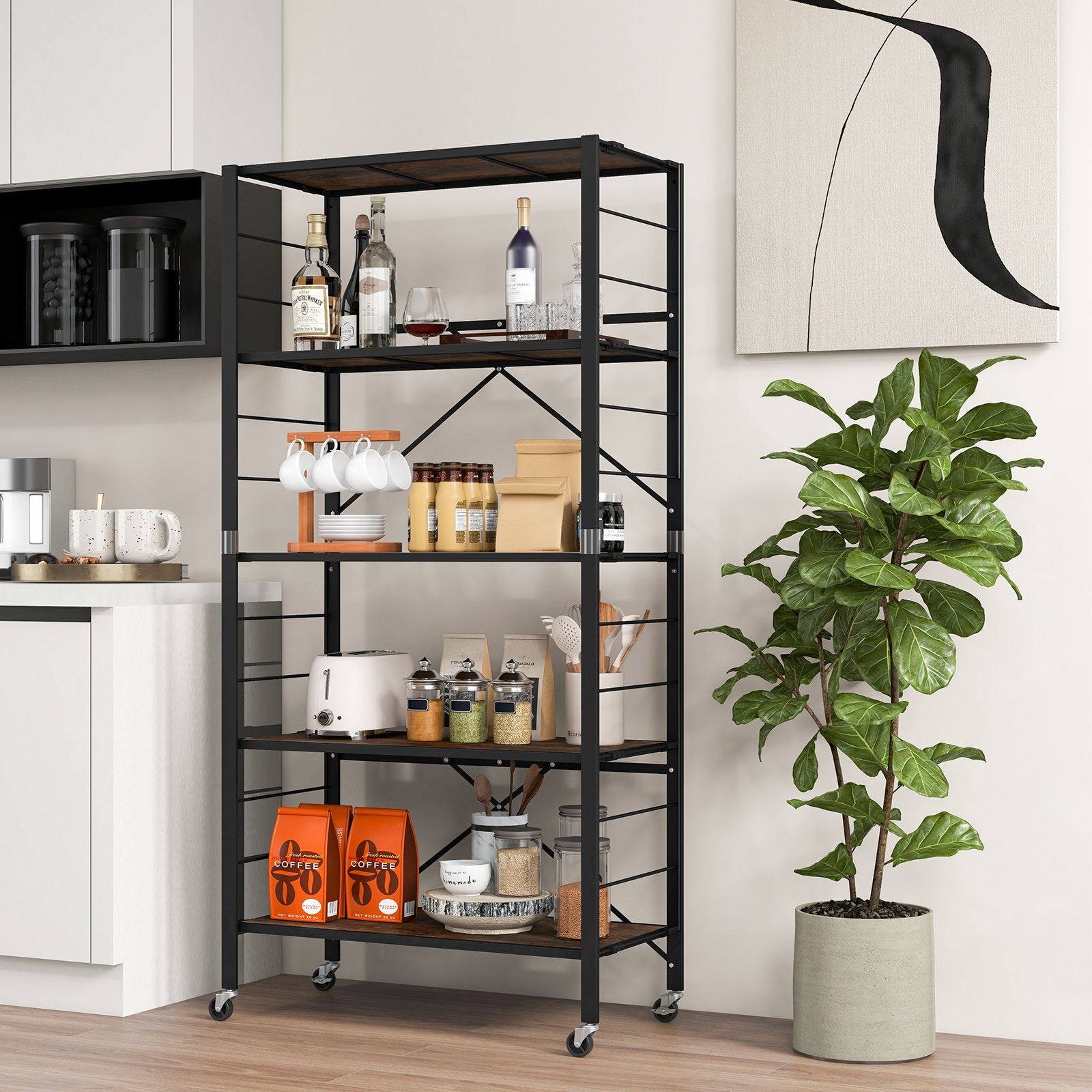 5-Tier Foldable Shelving Unit with Detachable Wheels and Anti-Toppling System, Black Cabinets & Chests   at Gallery Canada