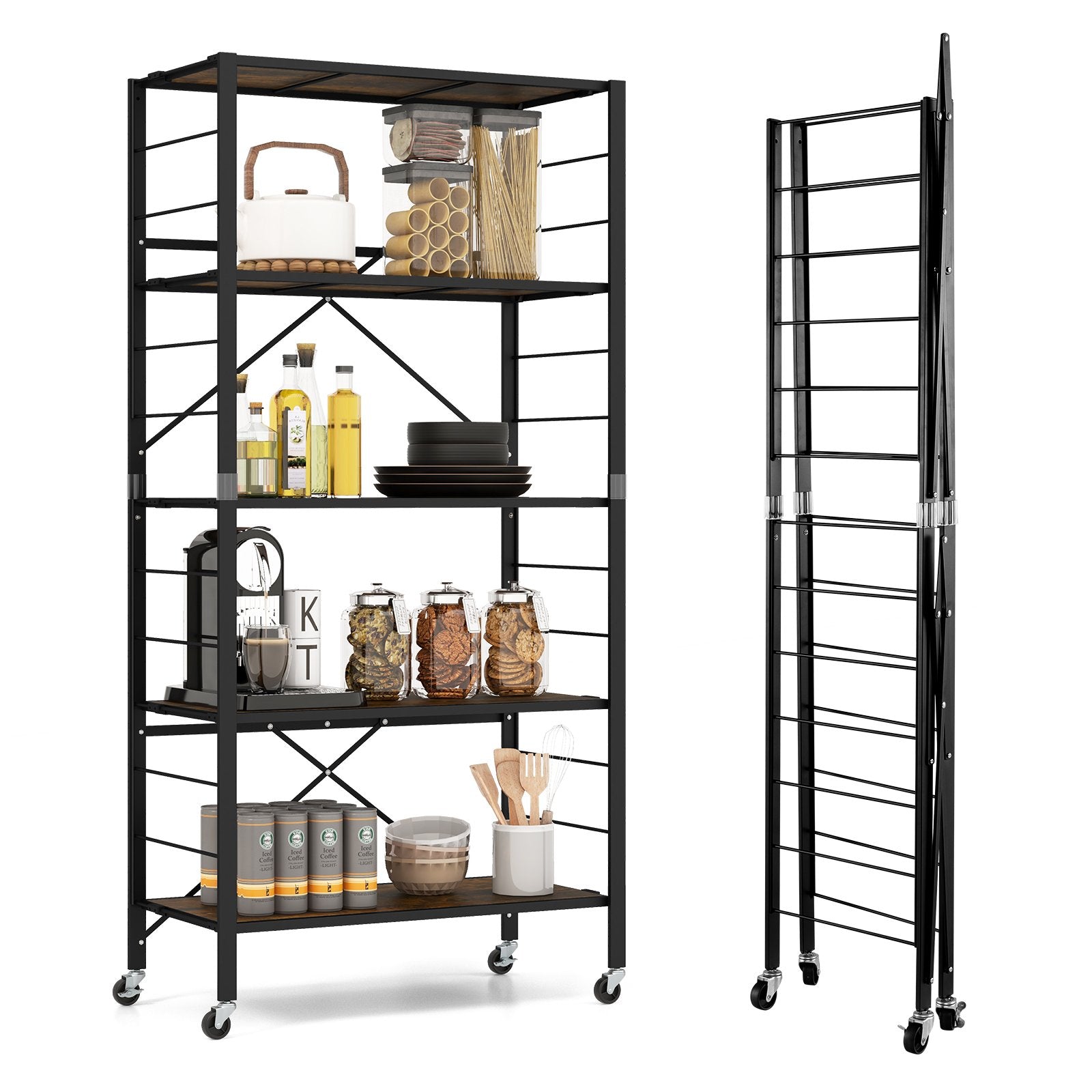 5-Tier Foldable Shelving Unit with Detachable Wheels and Anti-Toppling System, Black Cabinets & Chests   at Gallery Canada