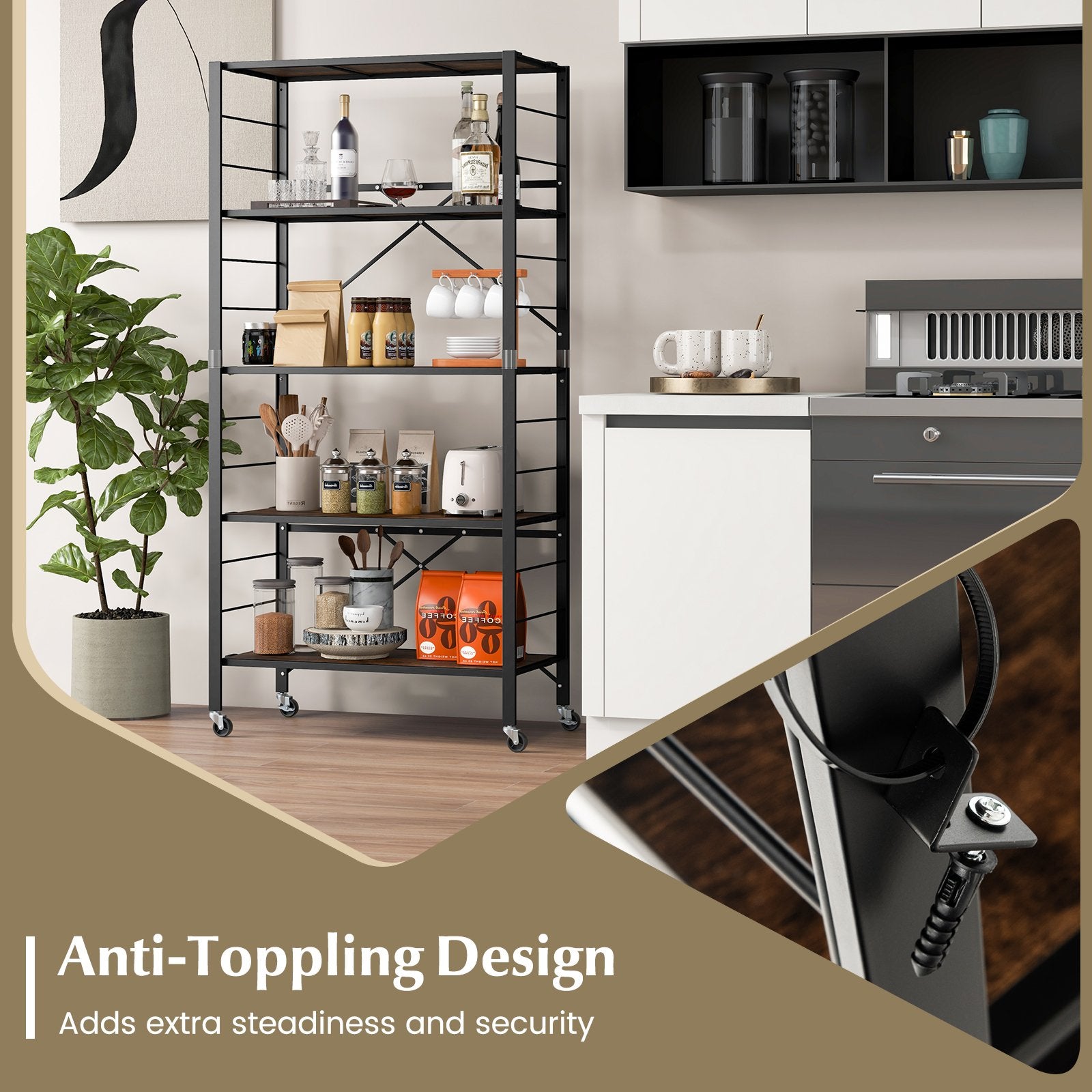 5-Tier Foldable Shelving Unit with Detachable Wheels and Anti-Toppling System, Black Cabinets & Chests   at Gallery Canada