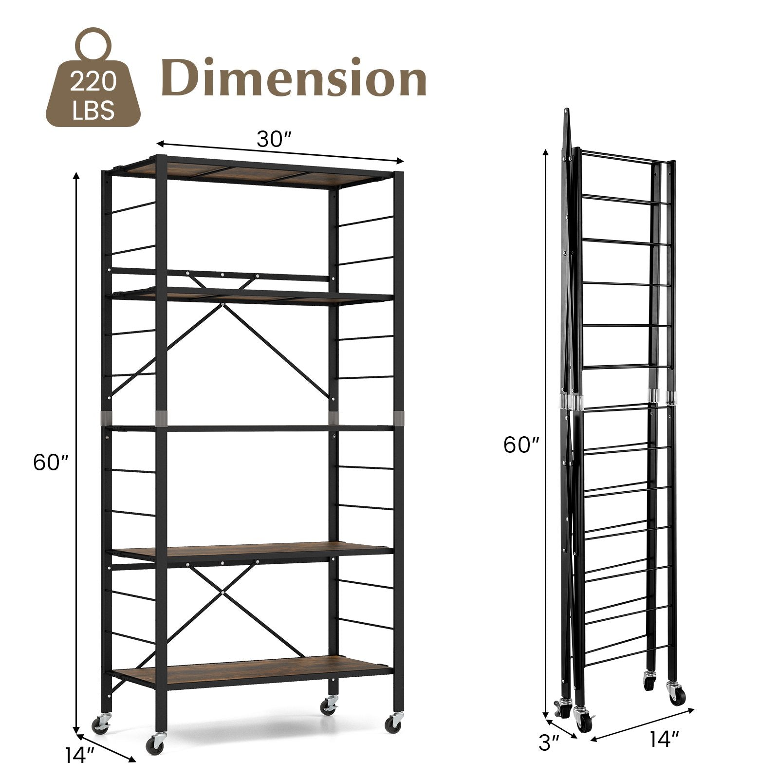 5-Tier Foldable Shelving Unit with Detachable Wheels and Anti-Toppling System, Black Cabinets & Chests   at Gallery Canada