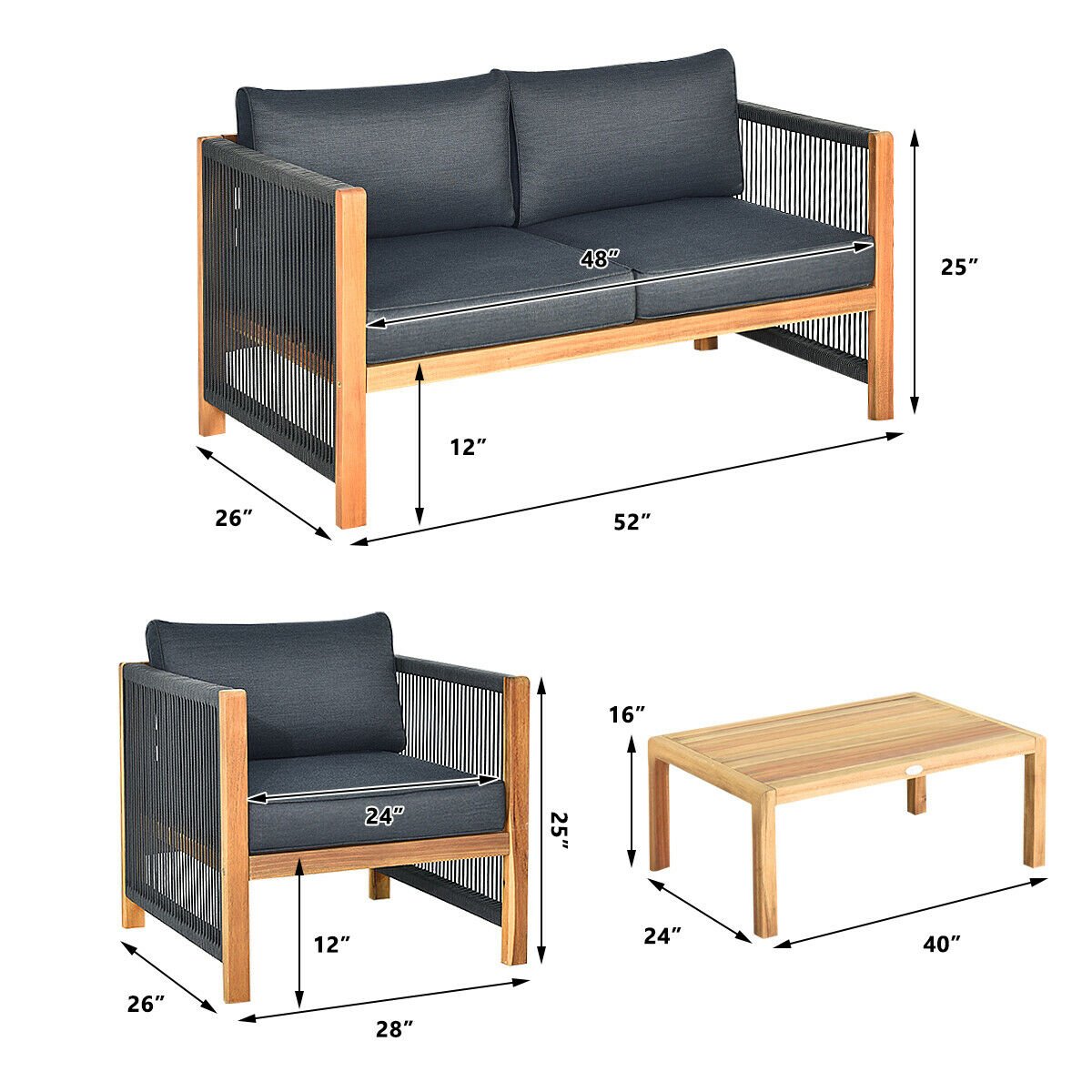 4 Pieces Acacia Wood Outdoor Patio Furniture Set, Gray Patio Conversation Sets   at Gallery Canada