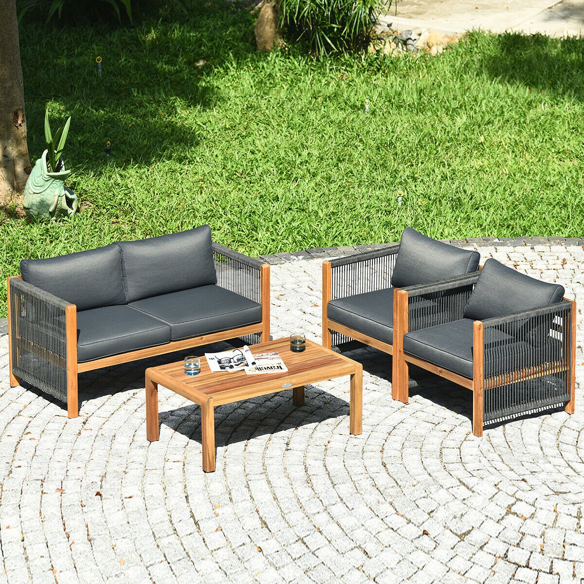 4 Pieces Acacia Wood Outdoor Patio Furniture Set, Gray Patio Conversation Sets   at Gallery Canada