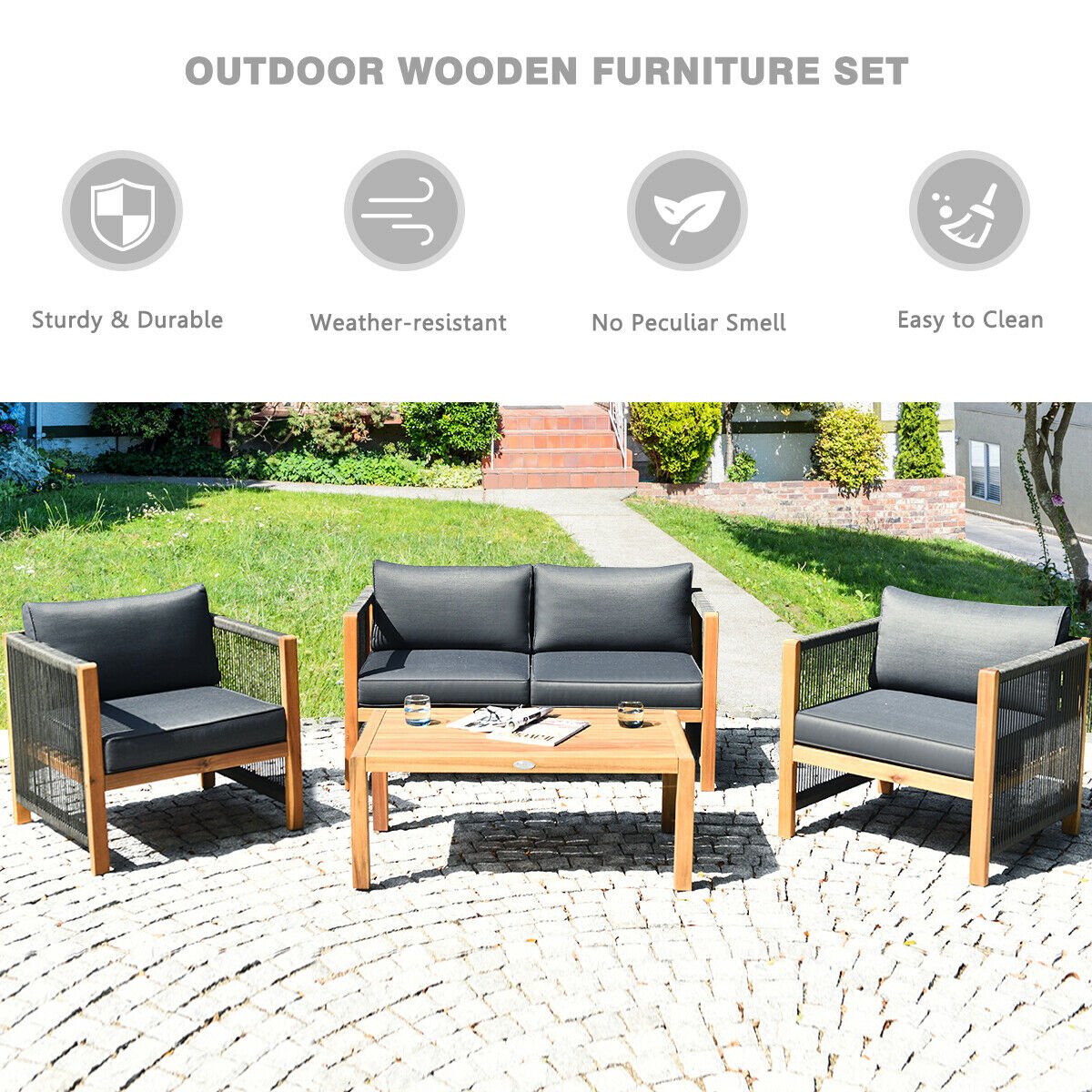 4 Pieces Acacia Wood Outdoor Patio Furniture Set, Gray Patio Conversation Sets   at Gallery Canada