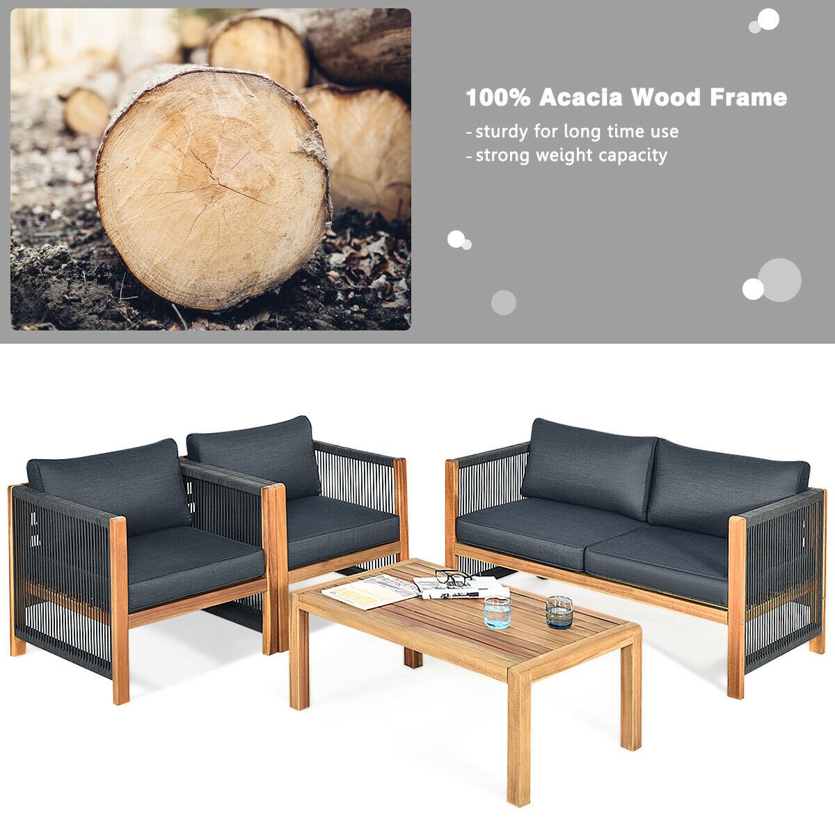 4 Pieces Acacia Wood Outdoor Patio Furniture Set, Gray Patio Conversation Sets   at Gallery Canada