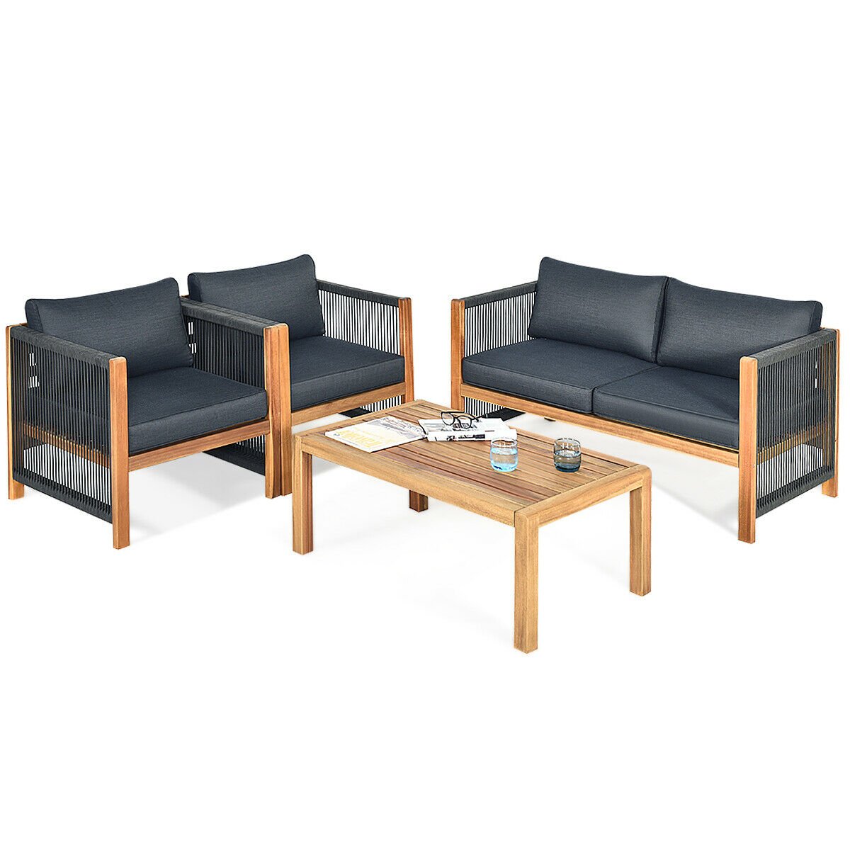 4 Pieces Acacia Wood Outdoor Patio Furniture Set, Gray Patio Conversation Sets   at Gallery Canada