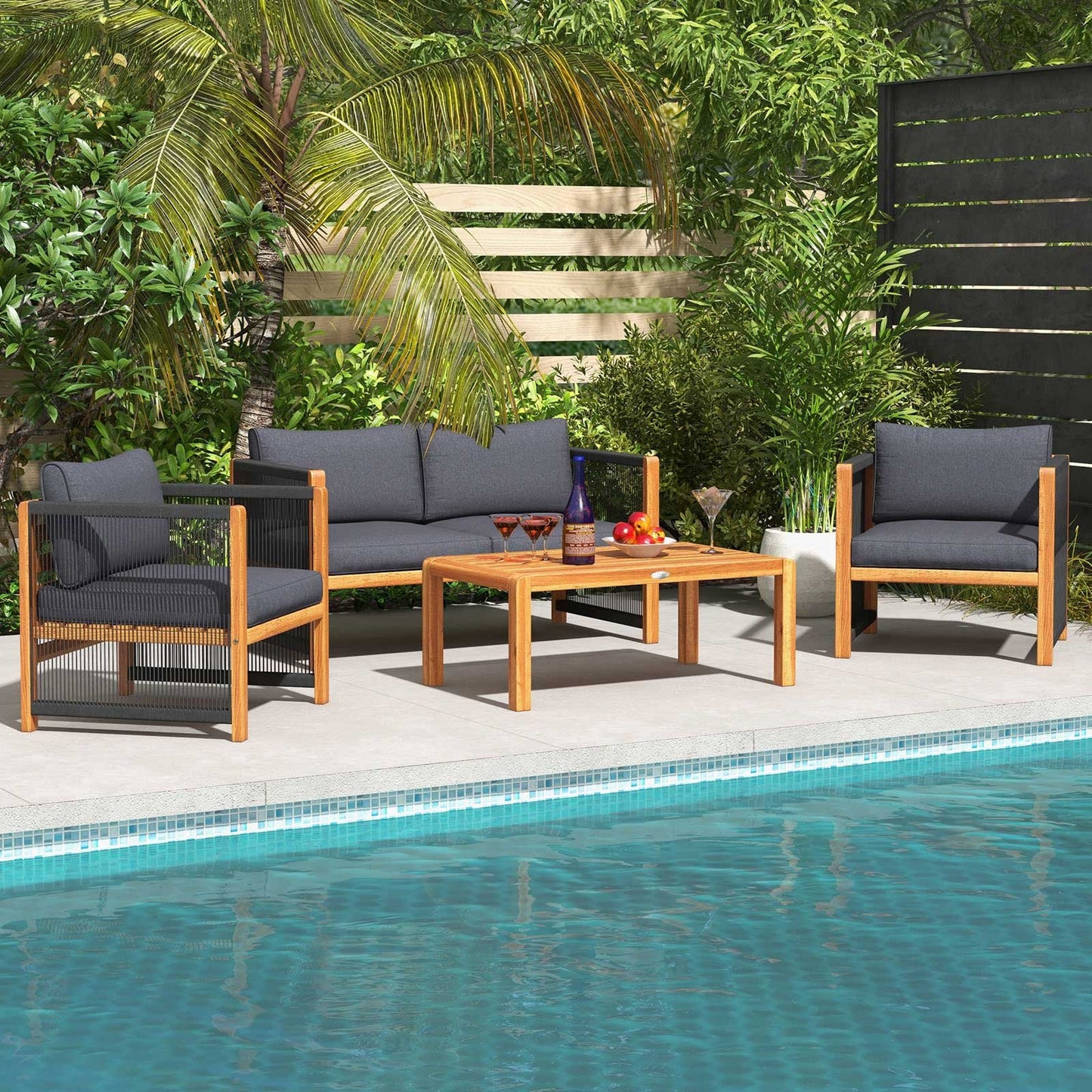 4 Pieces Acacia Wood Outdoor Patio Furniture Set, Gray Patio Conversation Sets   at Gallery Canada