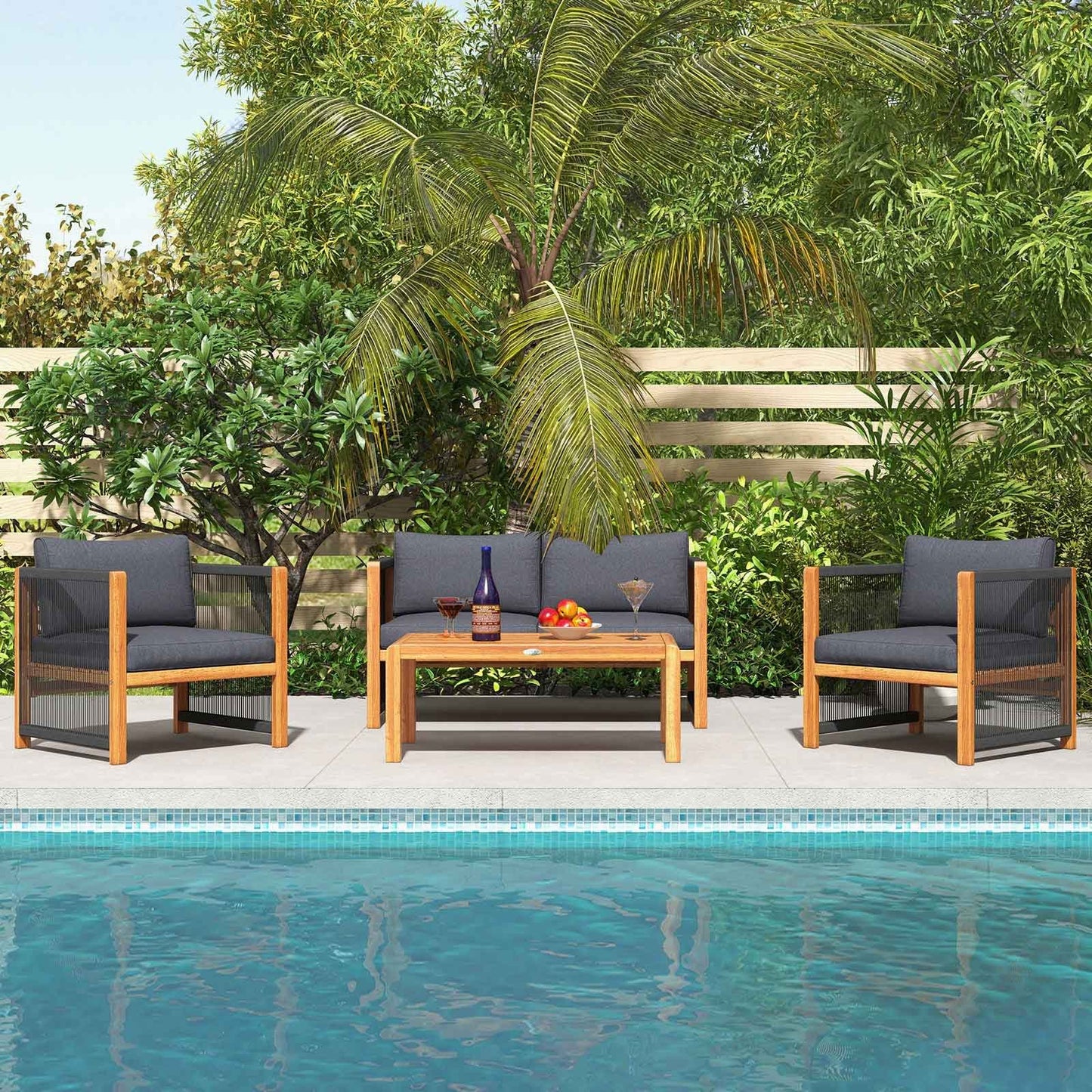 4 Pieces Acacia Wood Outdoor Patio Furniture Set, Gray Patio Conversation Sets   at Gallery Canada