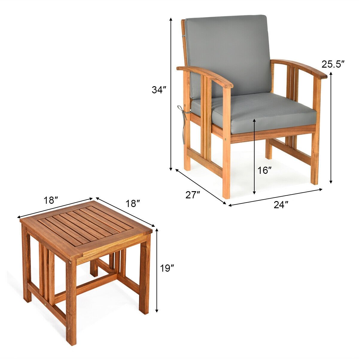 3 Pcs Solid Wood Outdoor Patio Sofa Furniture Set, Gray Patio Conversation Sets   at Gallery Canada