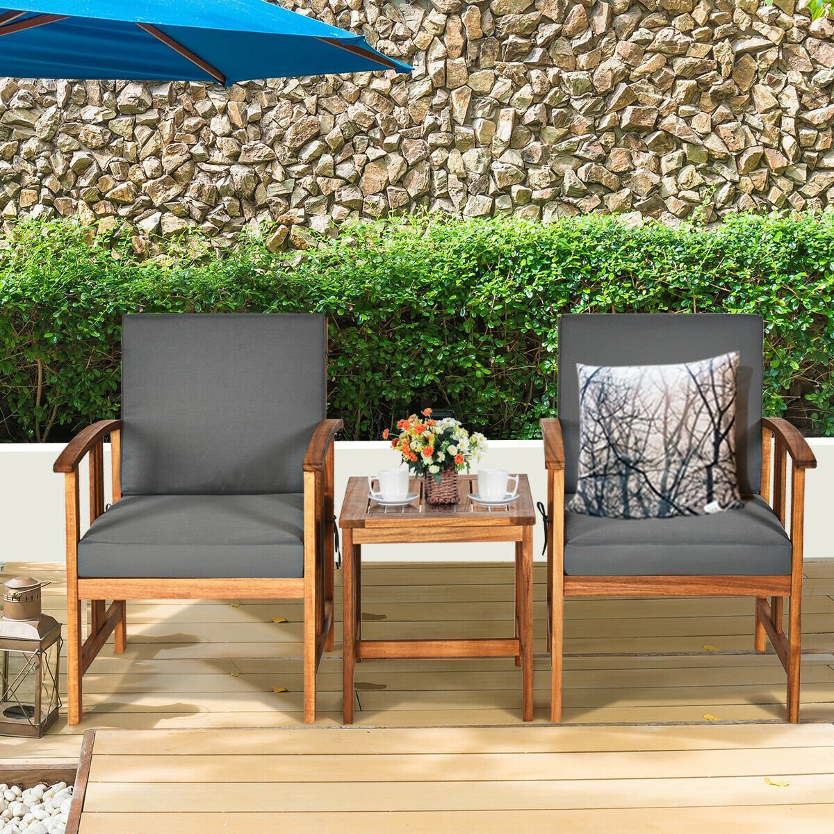 3 Pcs Solid Wood Outdoor Patio Sofa Furniture Set, Gray Patio Conversation Sets   at Gallery Canada