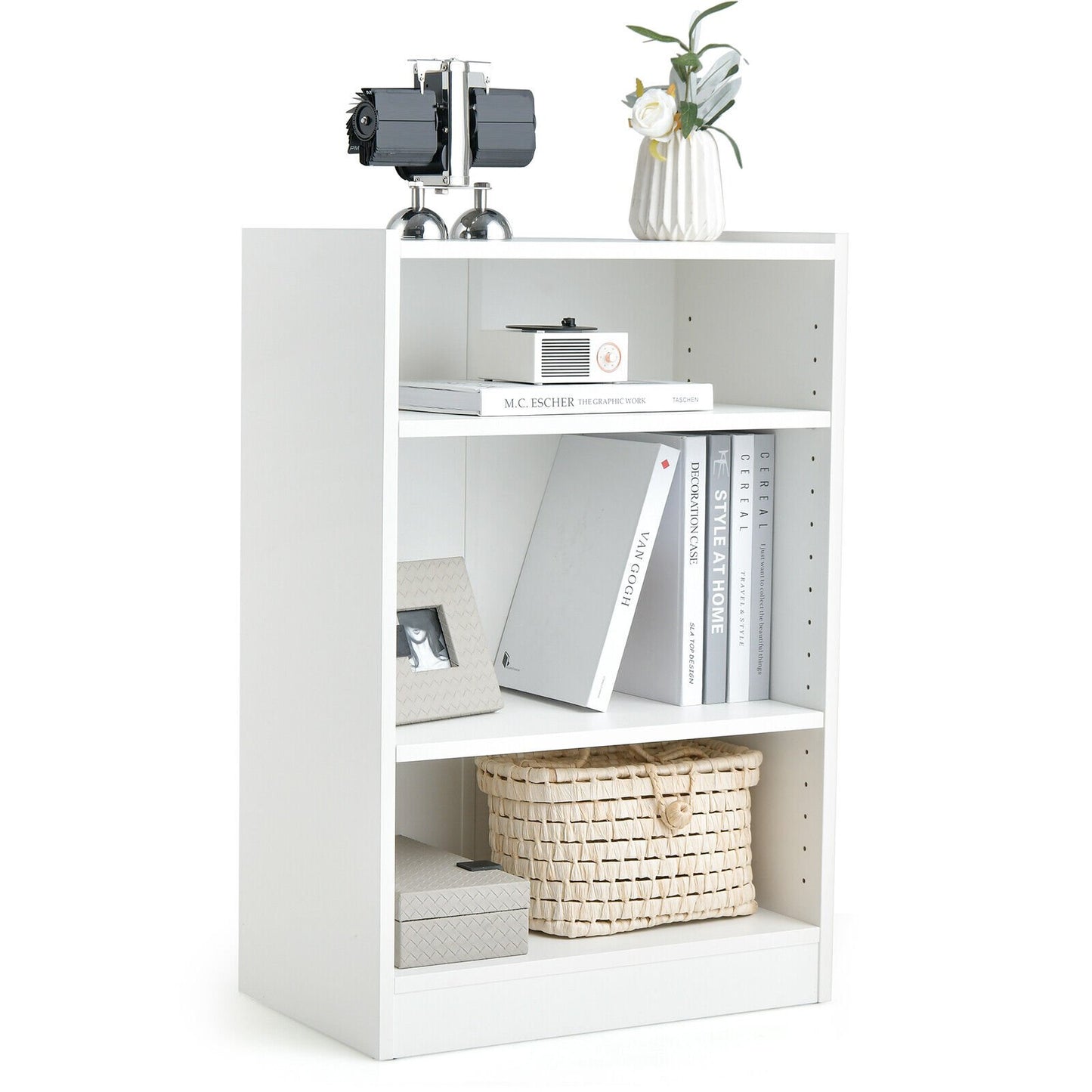 3-Tier Bookcase Open Display Rack Cabinet with Adjustable Shelves, White - Gallery Canada