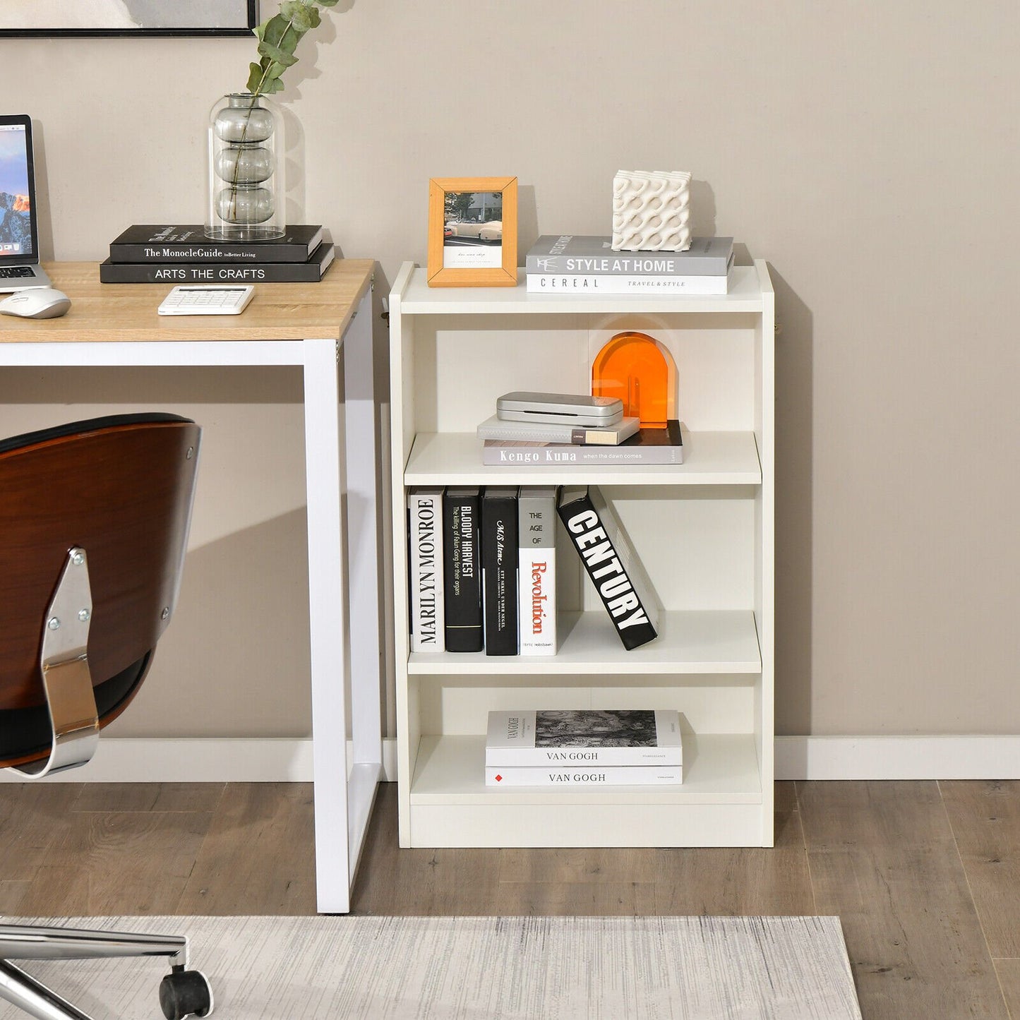 3-Tier Bookcase Open Display Rack Cabinet with Adjustable Shelves, White - Gallery Canada