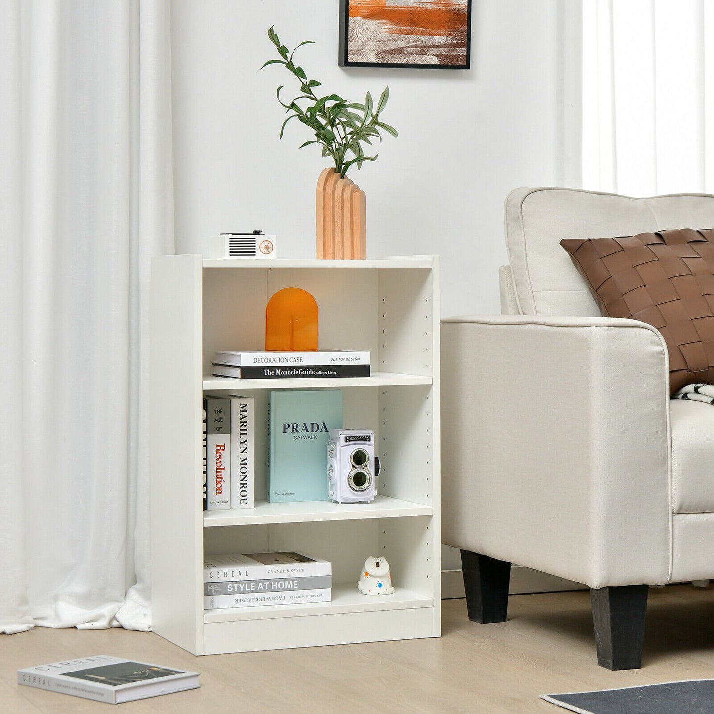 3-Tier Bookcase Open Display Rack Cabinet with Adjustable Shelves, White Bookcases   at Gallery Canada