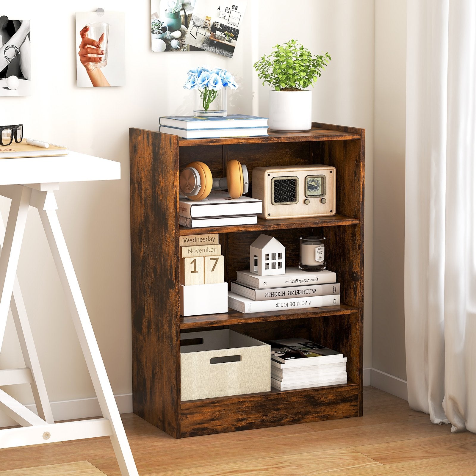 3-Tier Bookcase Open Display Rack Cabinet with Adjustable Shelves, Rustic Brown Bookcases   at Gallery Canada