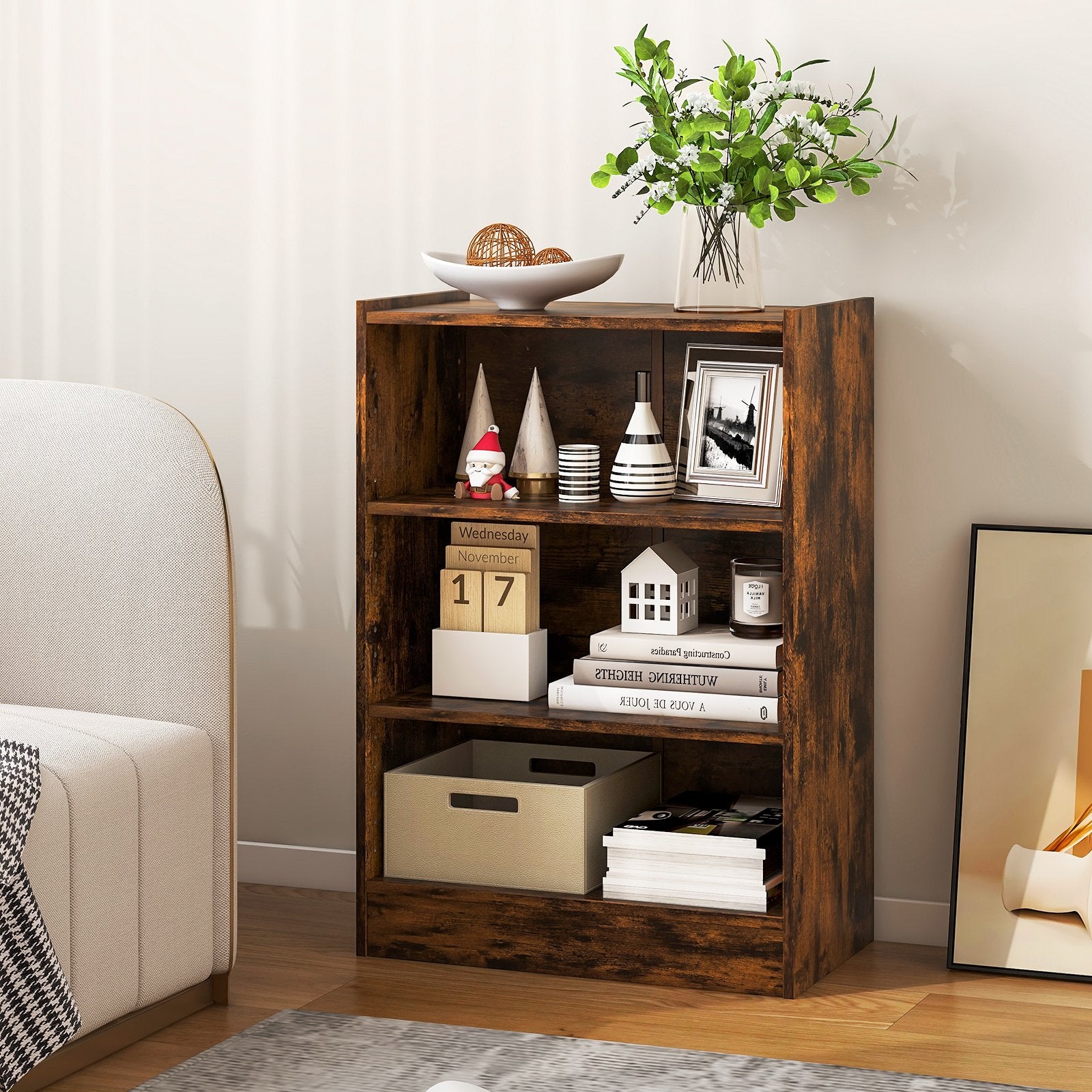 3-Tier Bookcase Open Display Rack Cabinet with Adjustable Shelves, Rustic Brown Bookcases   at Gallery Canada