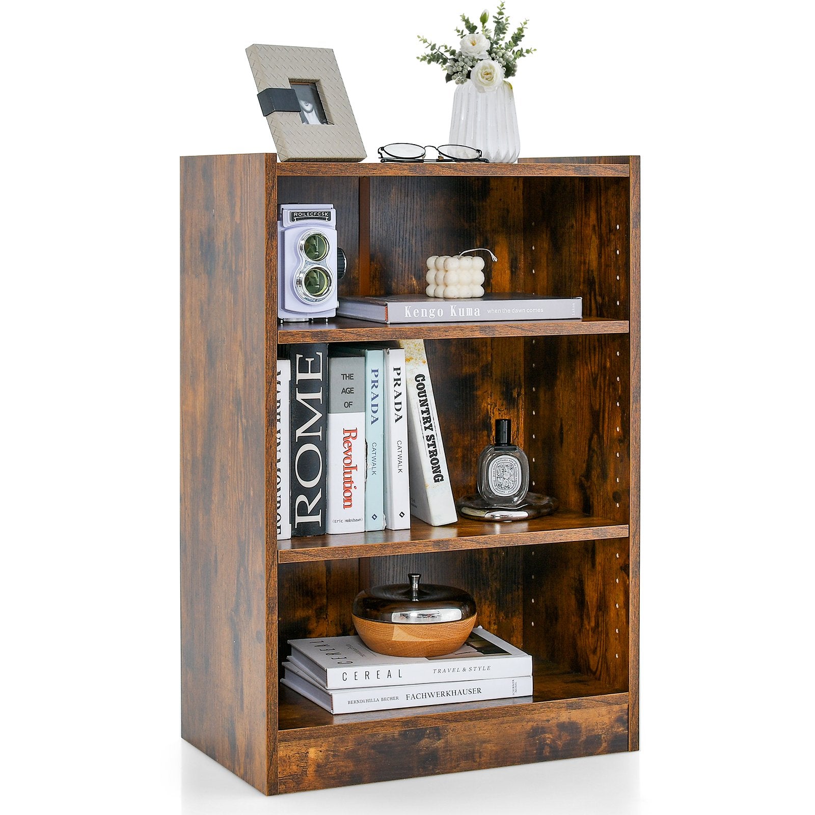 3-Tier Bookcase Open Display Rack Cabinet with Adjustable Shelves, Rustic Brown Bookcases   at Gallery Canada