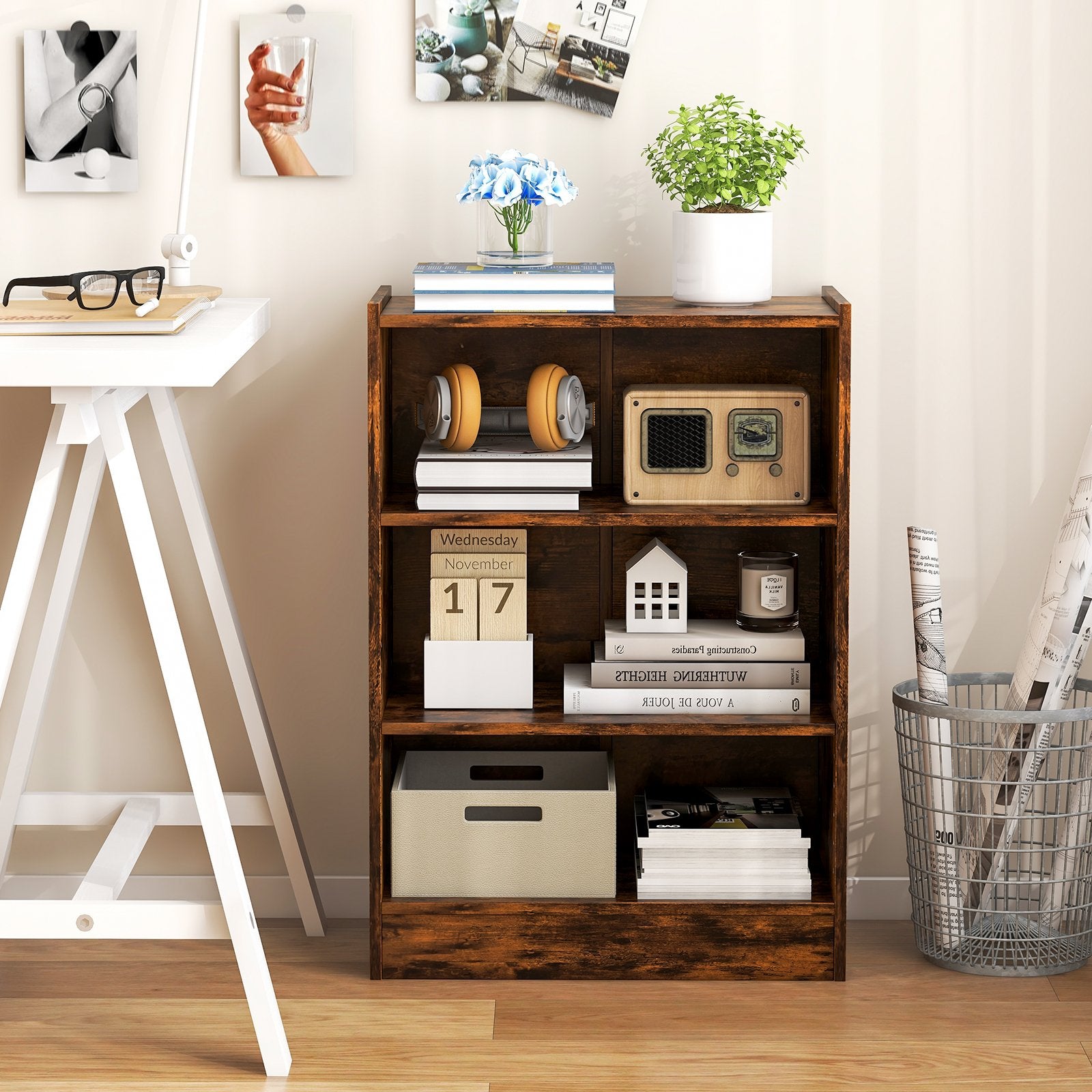 3-Tier Bookcase Open Display Rack Cabinet with Adjustable Shelves, Rustic Brown Bookcases   at Gallery Canada