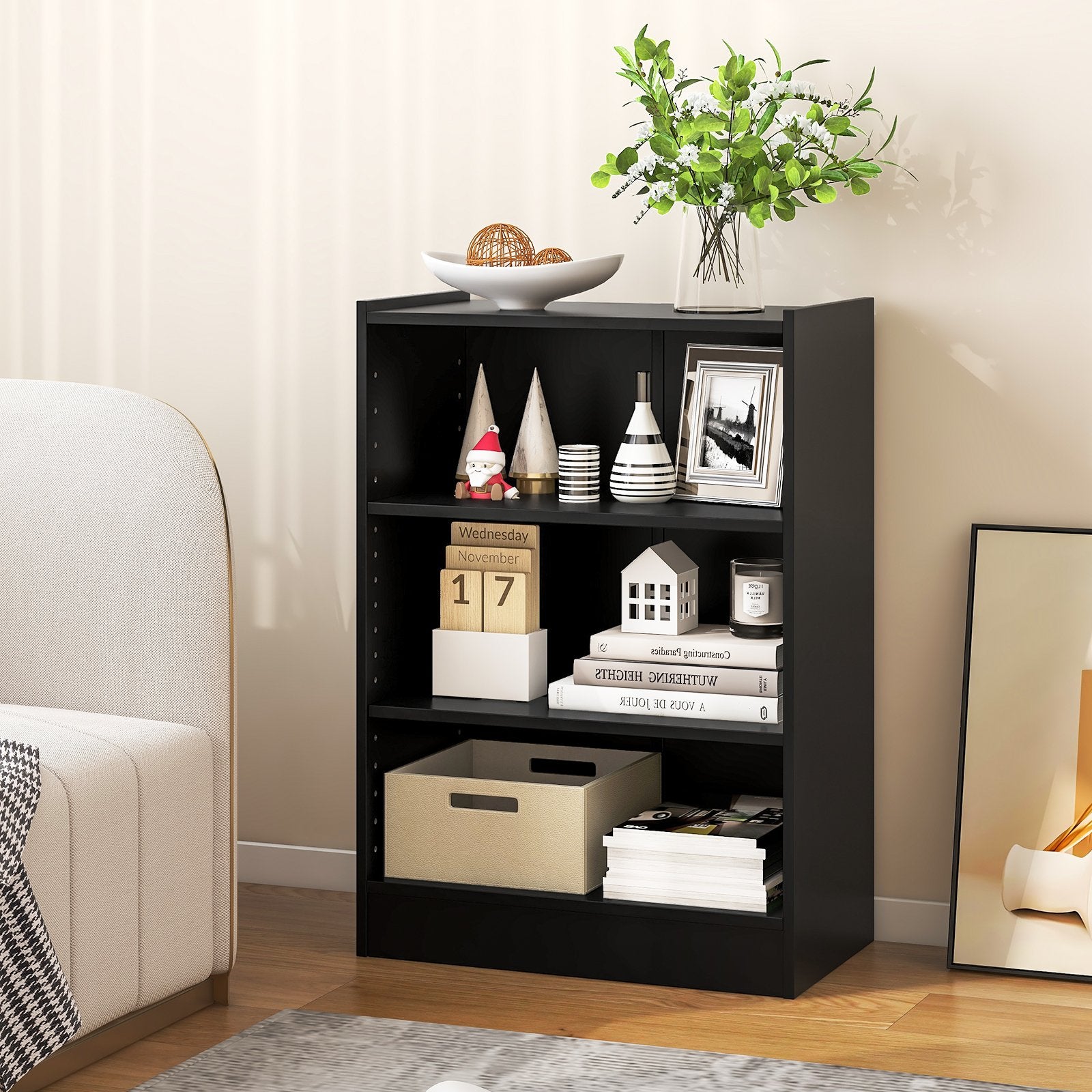 3-Tier Bookcase Open Display Rack Cabinet with Adjustable Shelves, Black Bookcases   at Gallery Canada