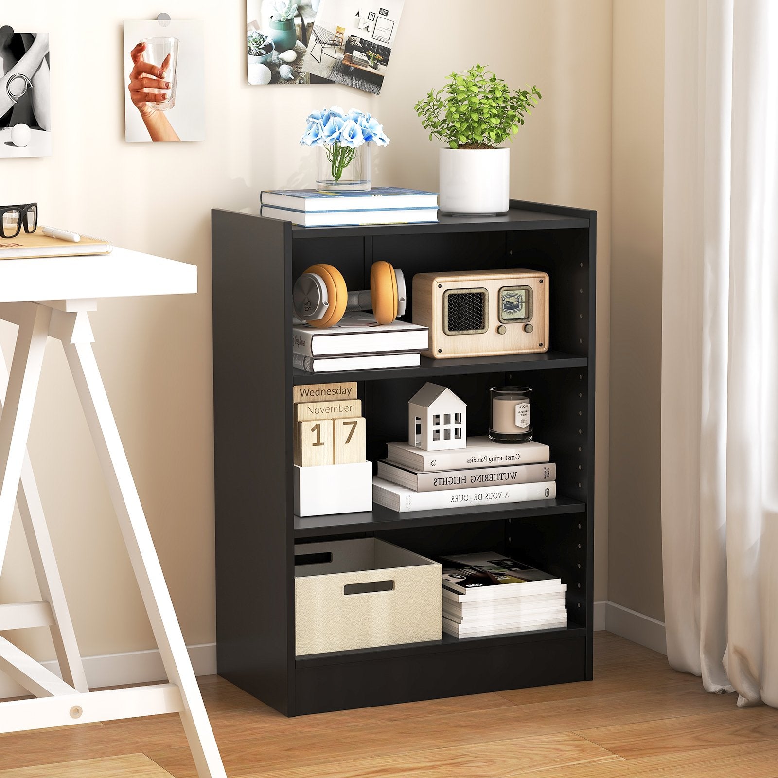 3-Tier Bookcase Open Display Rack Cabinet with Adjustable Shelves, Black Bookcases   at Gallery Canada