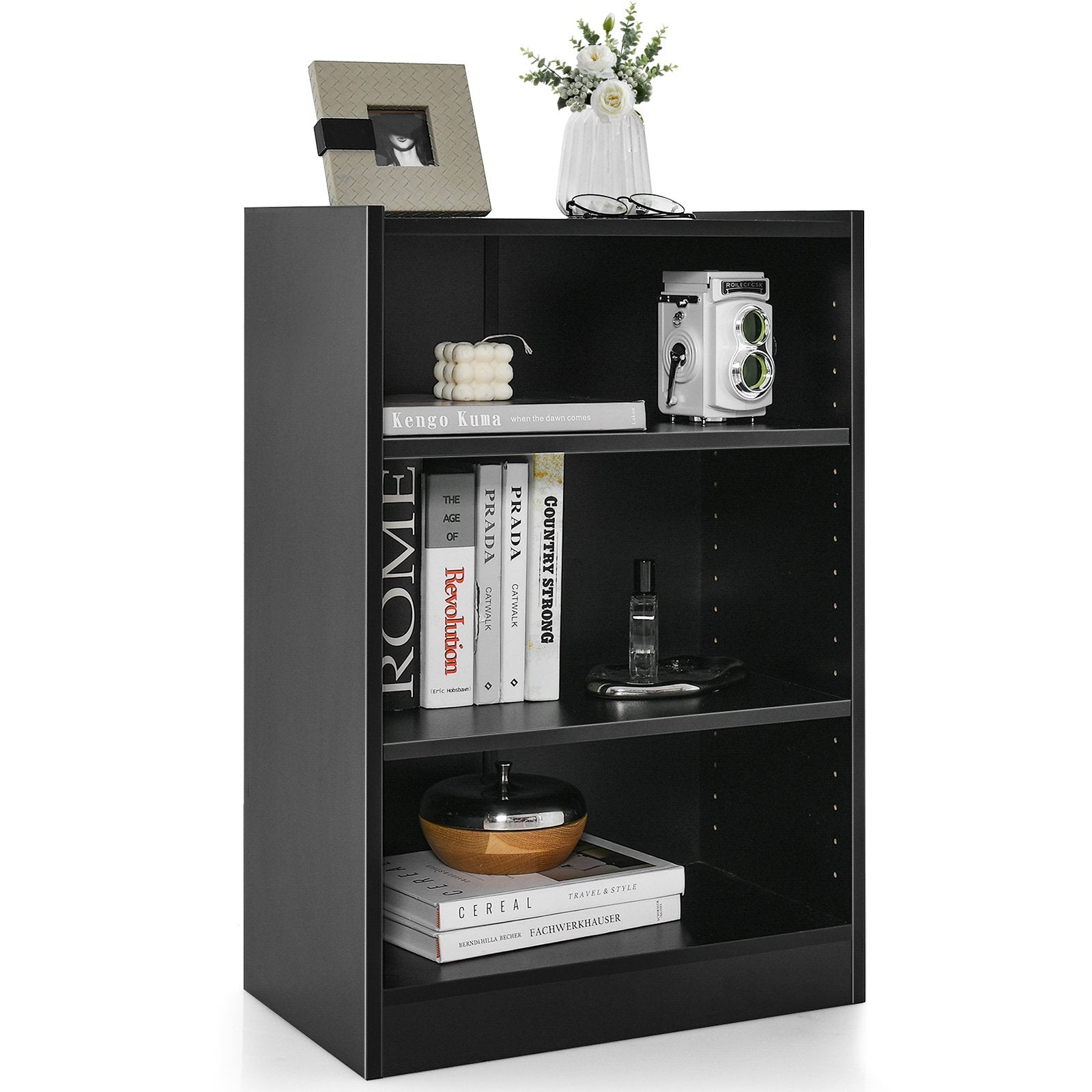 3-Tier Bookcase Open Display Rack Cabinet with Adjustable Shelves, Black Bookcases   at Gallery Canada