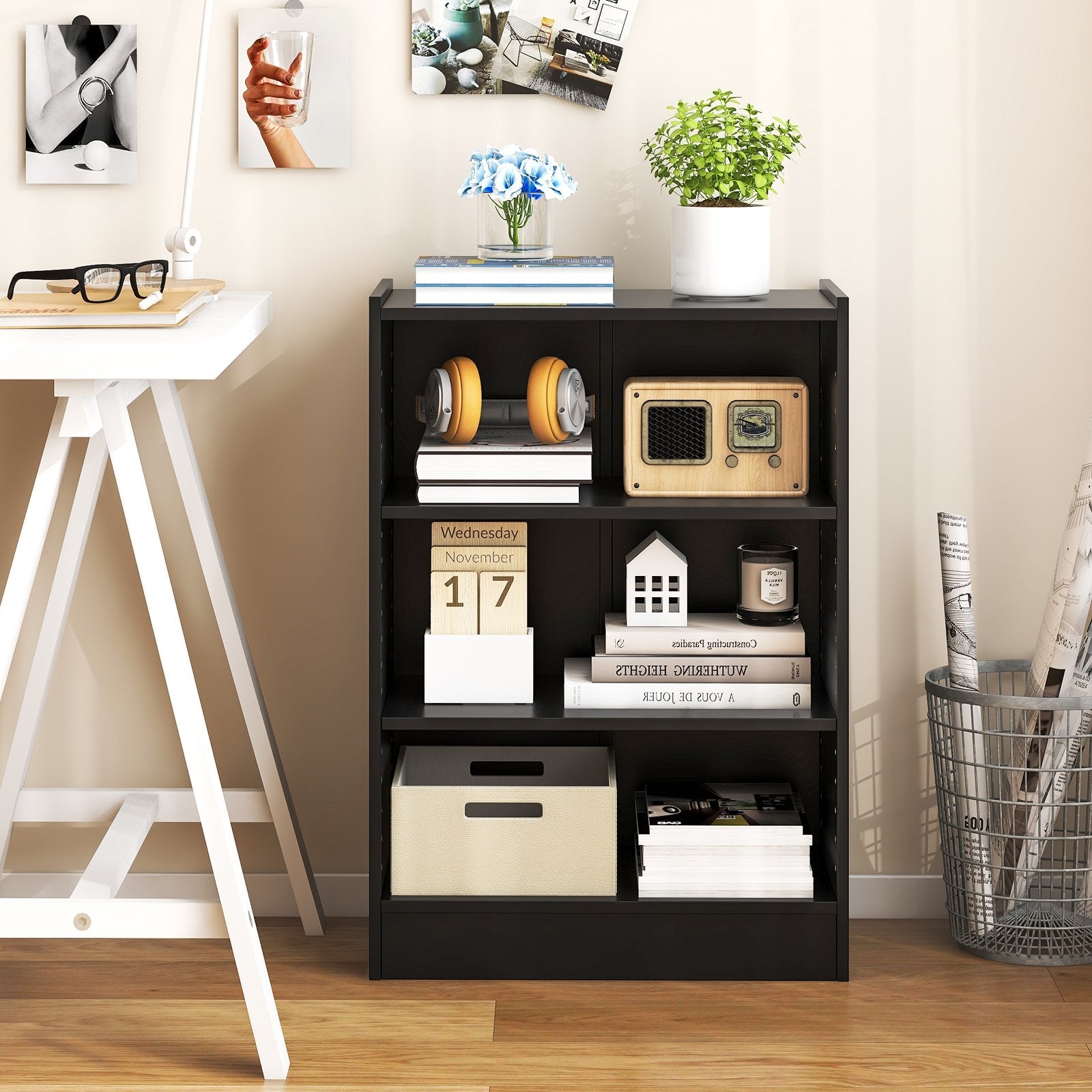 3-Tier Bookcase Open Display Rack Cabinet with Adjustable Shelves, Black Bookcases   at Gallery Canada