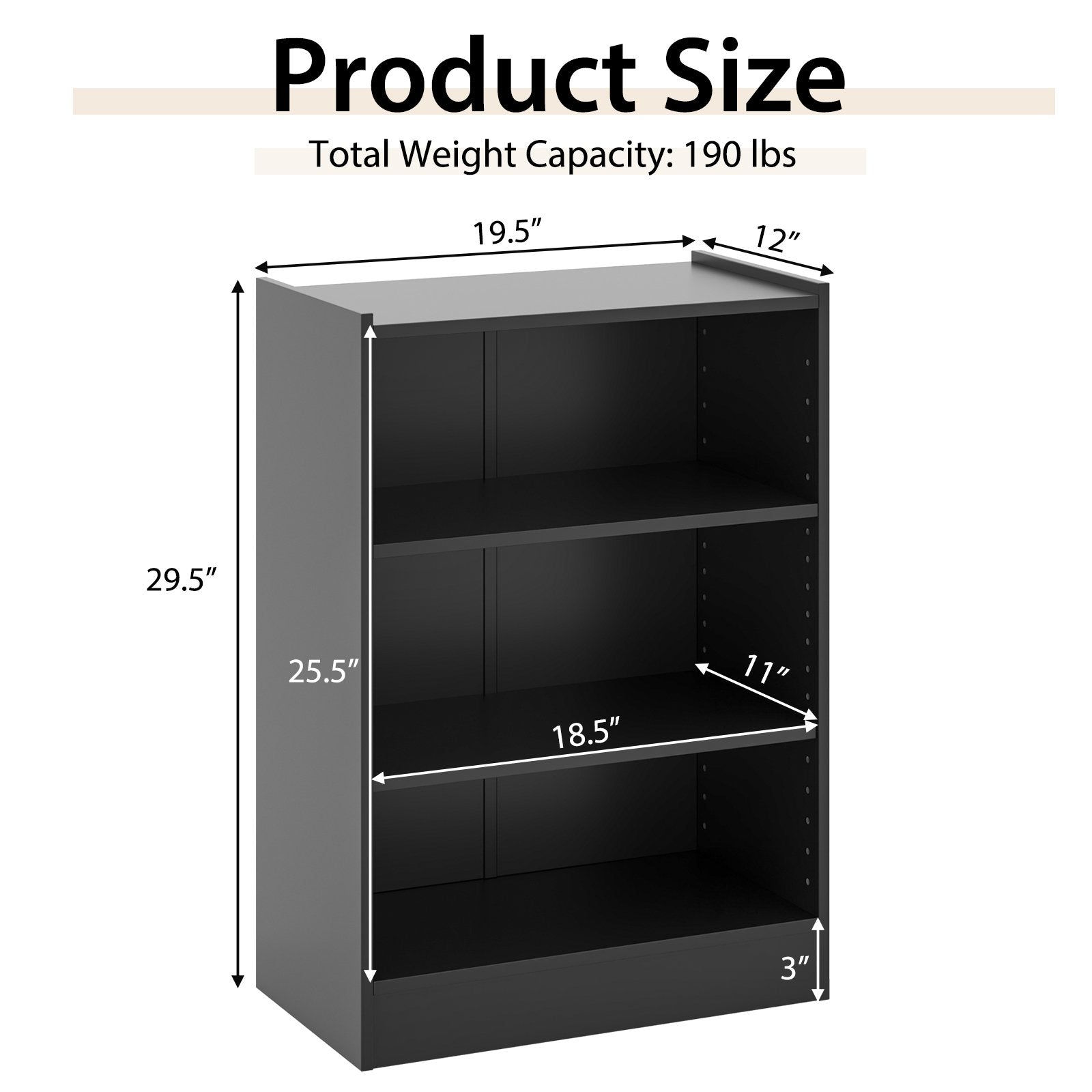 3-Tier Bookcase Open Display Rack Cabinet with Adjustable Shelves, Black Bookcases   at Gallery Canada