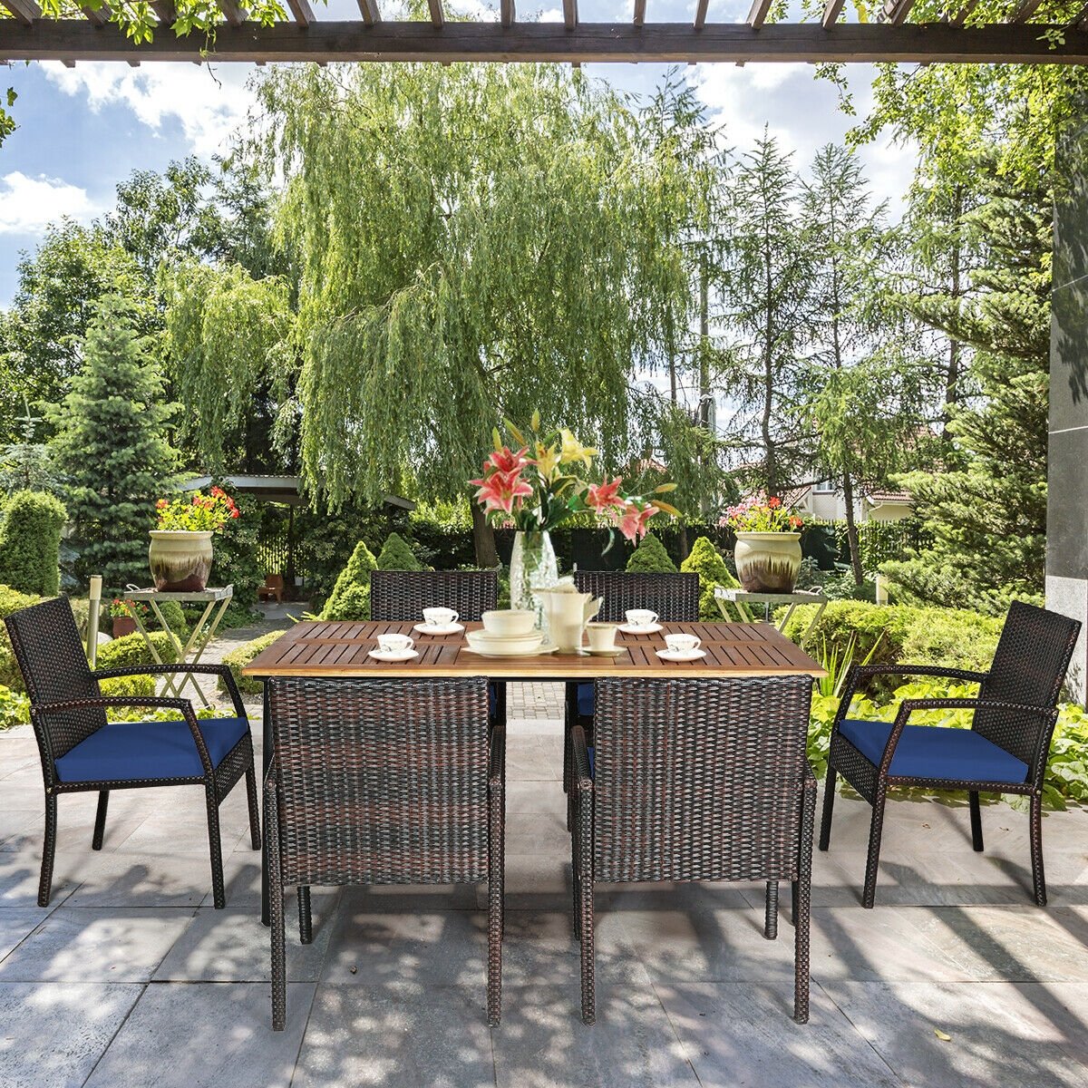 7Pcs Patio Rattan Cushioned Dining Set with Umbrella Hole, Navy Patio Dining Sets   at Gallery Canada