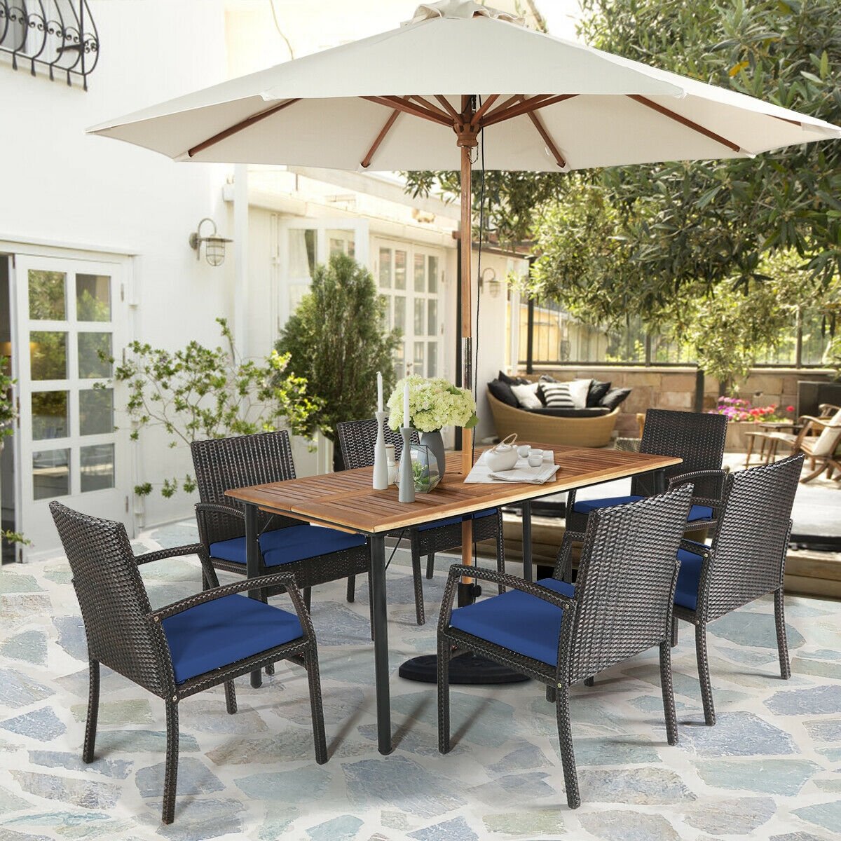 7Pcs Patio Rattan Cushioned Dining Set with Umbrella Hole, Navy Patio Dining Sets   at Gallery Canada