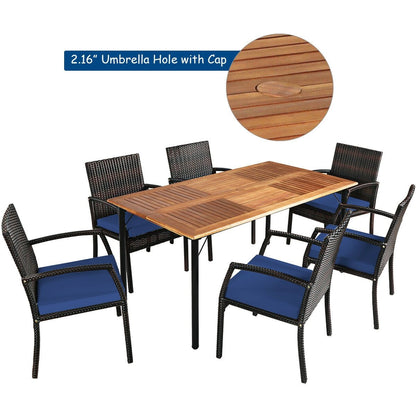 7Pcs Patio Rattan Cushioned Dining Set with Umbrella Hole, Navy Patio Dining Sets   at Gallery Canada