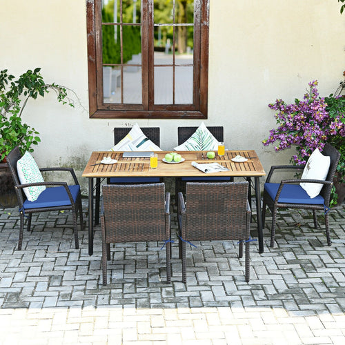 7Pcs Patio Rattan Cushioned Dining Set with Umbrella Hole, Navy