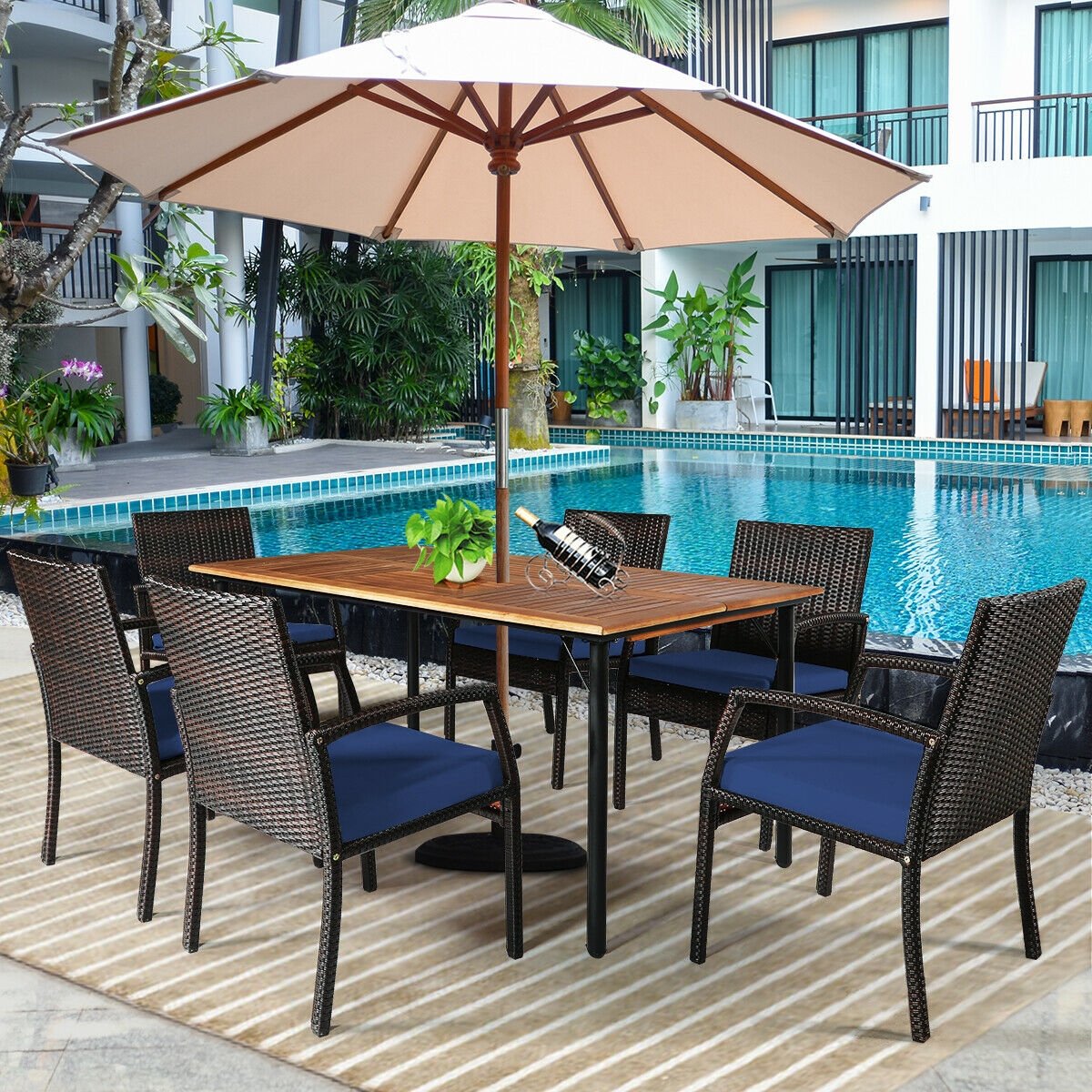 7Pcs Patio Rattan Cushioned Dining Set with Umbrella Hole, Navy Patio Dining Sets   at Gallery Canada