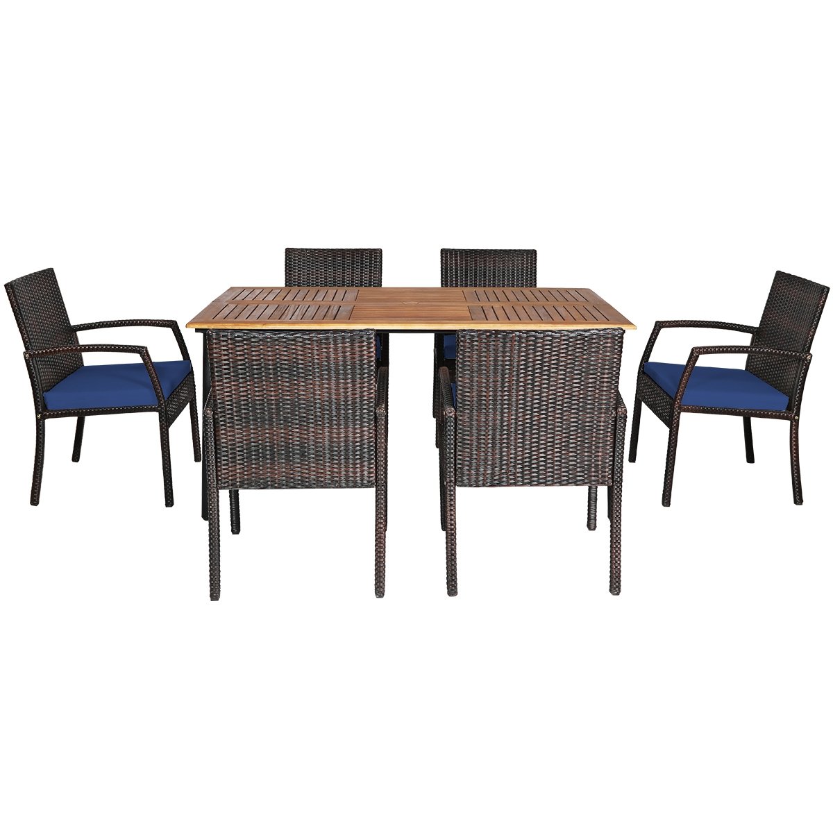 7Pcs Patio Rattan Cushioned Dining Set with Umbrella Hole, Navy Patio Dining Sets   at Gallery Canada