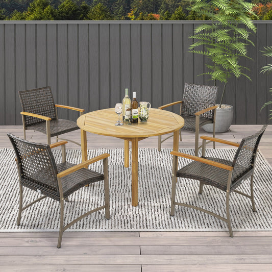 Set of 4 Patio Rattan Dining Chairs with Acacia Wood Armrests-Set of 4, Gray - Gallery Canada