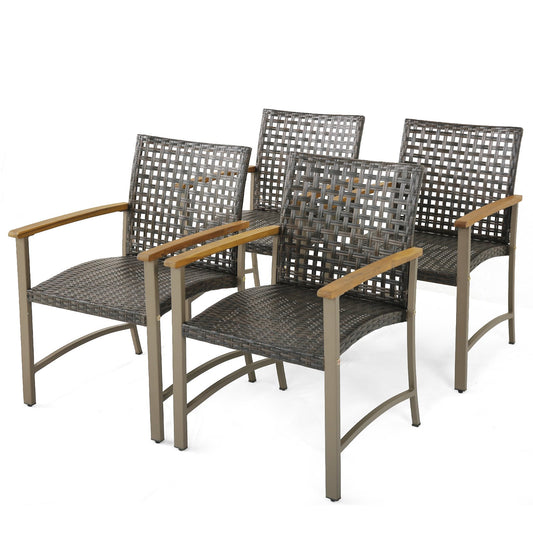 Set of 4 Patio Rattan Dining Chairs with Acacia Wood Armrests-Set of 4, Gray - Gallery Canada