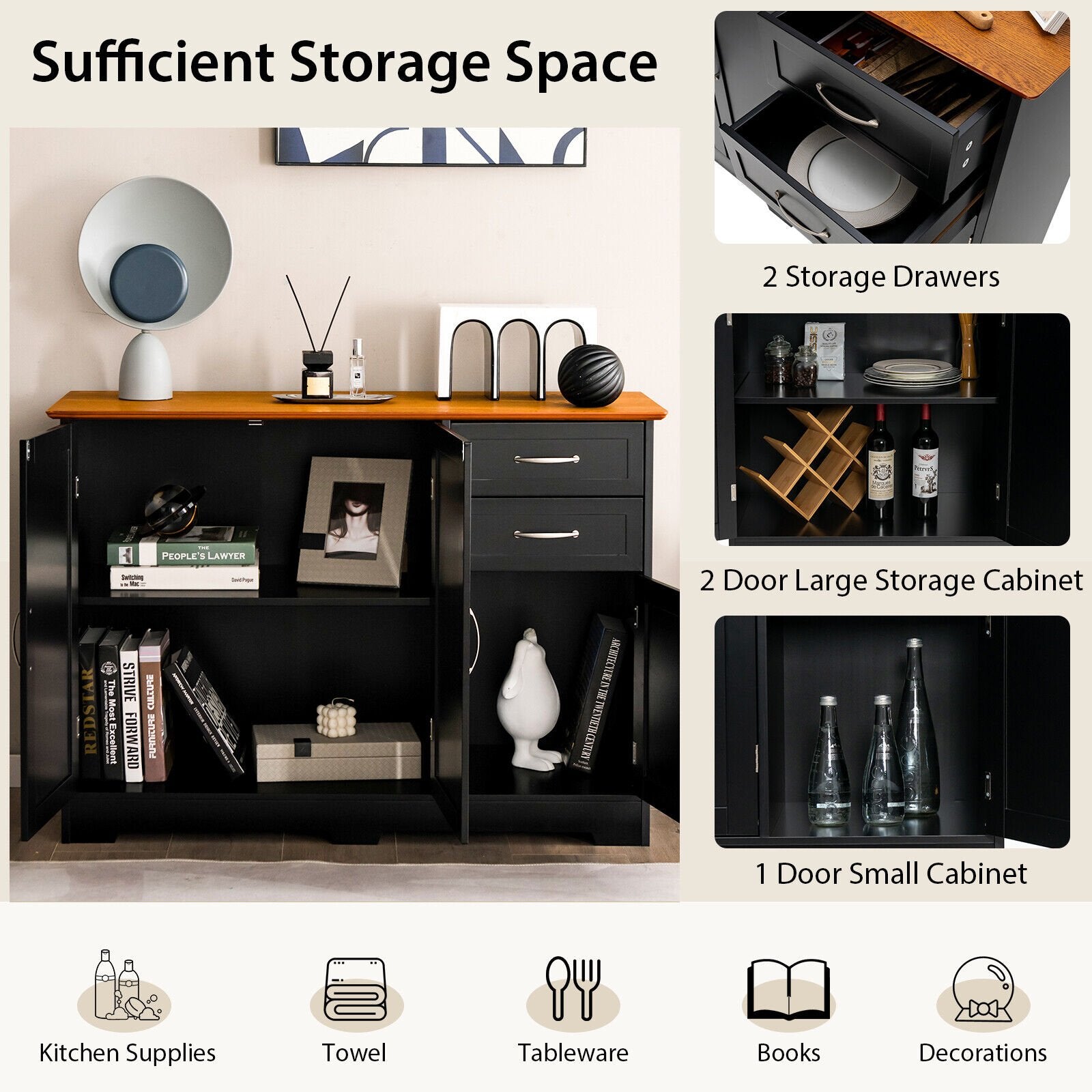 Buffet Storage Cabinet with 2-Door Cabinet and 2 Drawers, Black Sideboards Cabinets & Buffets   at Gallery Canada