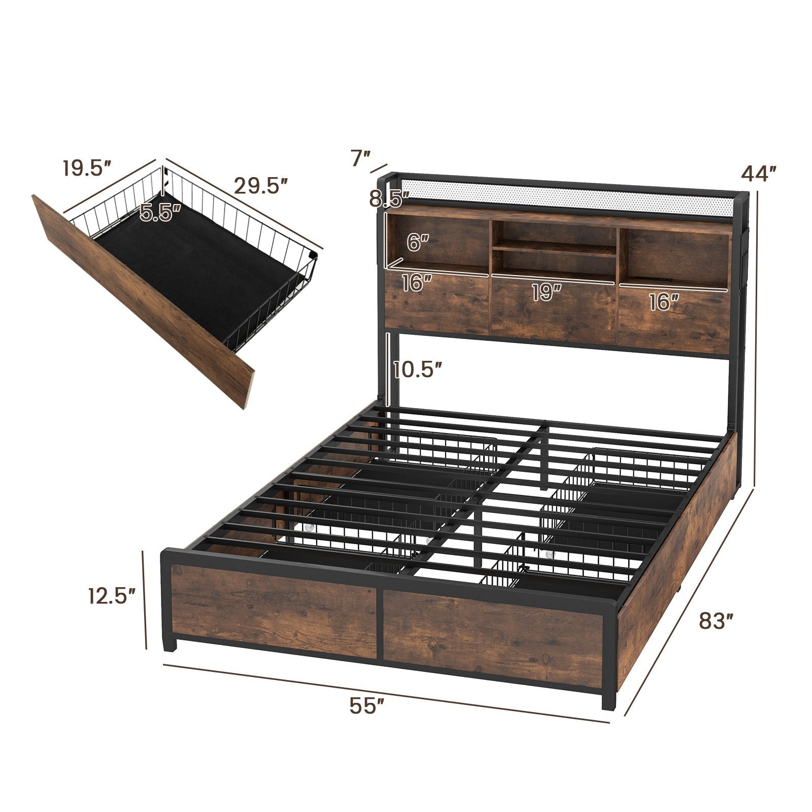 Full/Queen Size Bed Frame with Bookcase Headboard and 4 Storage Drawers-Full Size, Rustic Brown Simple Bed Frame   at Gallery Canada