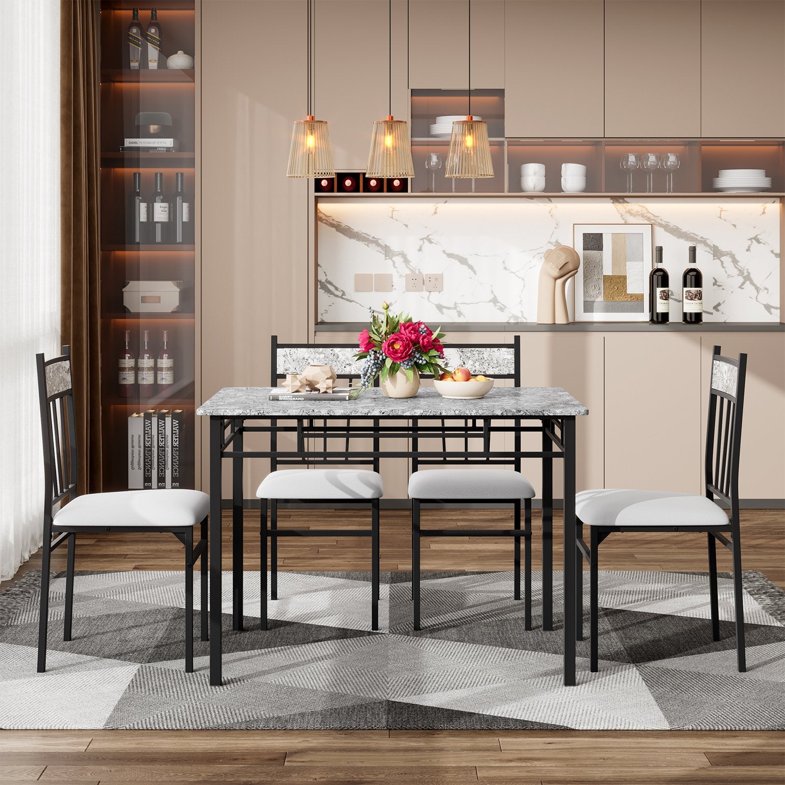 5 Pieces Faux Marble Dining Set Table with Solid Steel Frame, Gray Dining Room Sets   at Gallery Canada