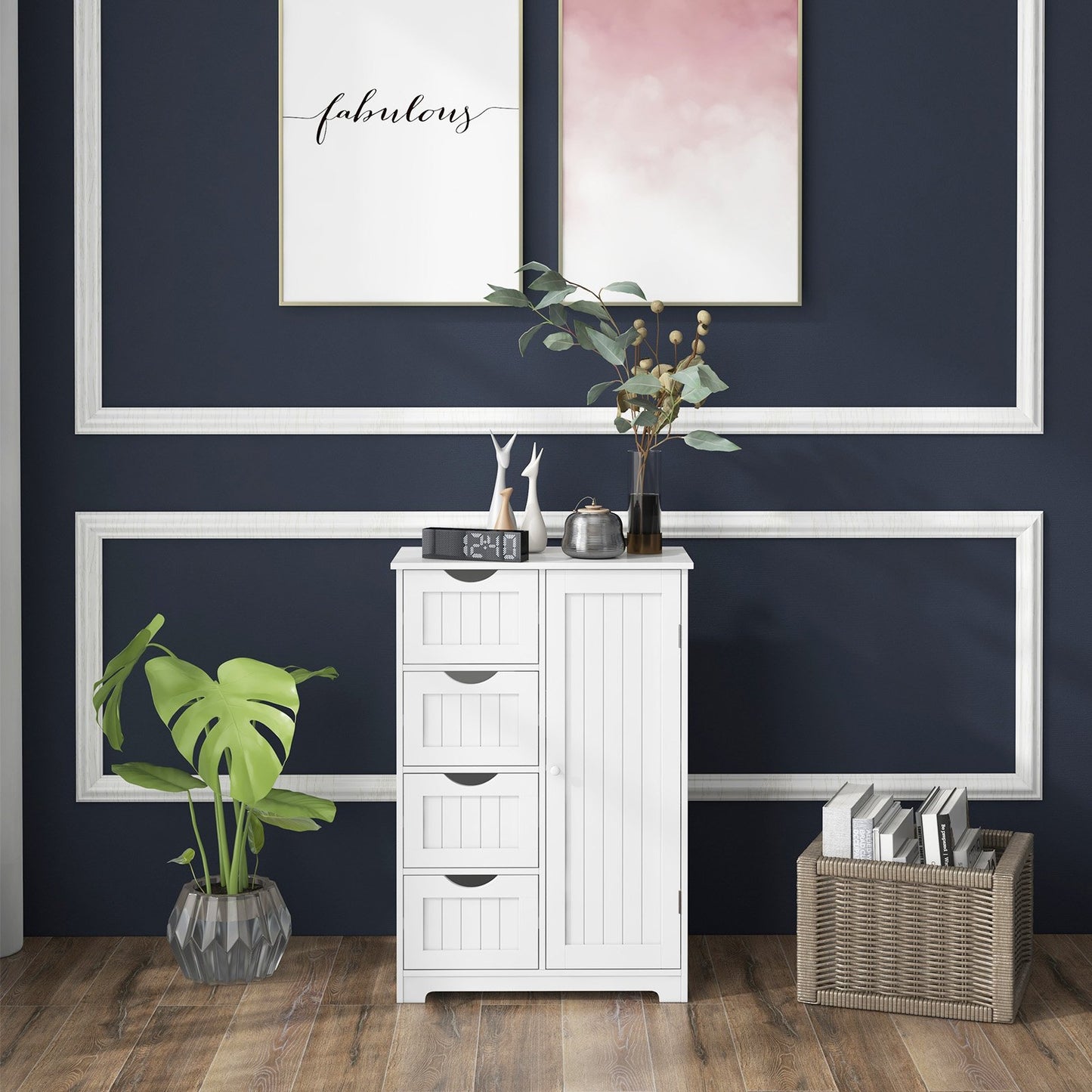 Standing Indoor Wooden Cabinet with 4 Drawers, White Floor Cabinets   at Gallery Canada