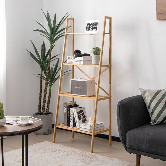 58 Inch 4-Tier Bamboo Ladder Bookshelf, Natural Bookcases   at Gallery Canada