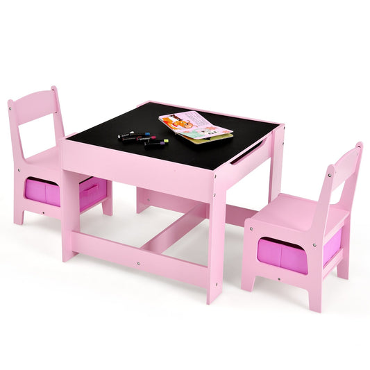 Kids Table Chairs Set With Storage Boxes Blackboard Whiteboard Drawing, Pink - Gallery Canada
