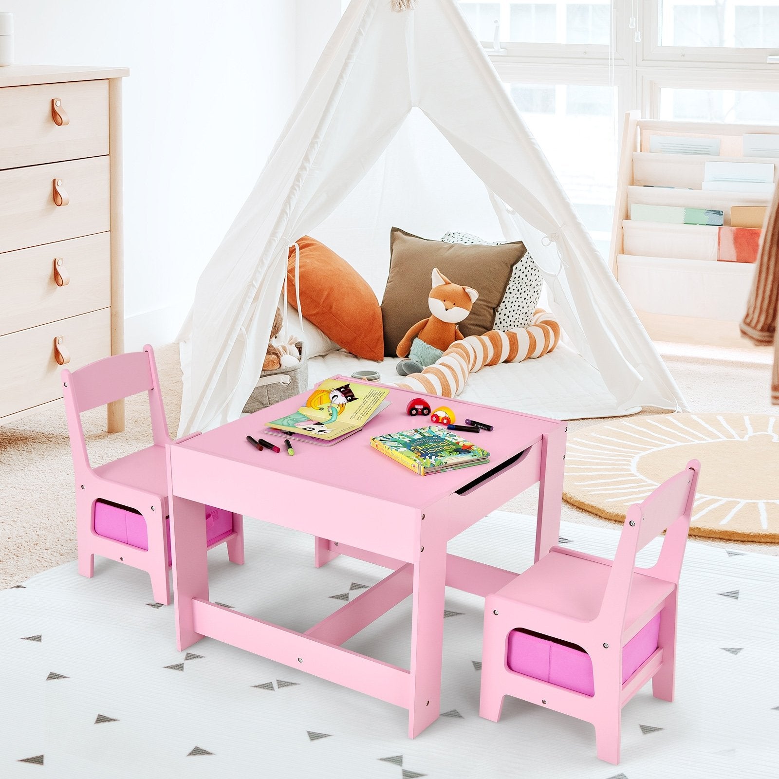 Kids Table Chairs Set With Storage Boxes Blackboard Whiteboard Drawing, Pink Kids Table & Chair Sets   at Gallery Canada