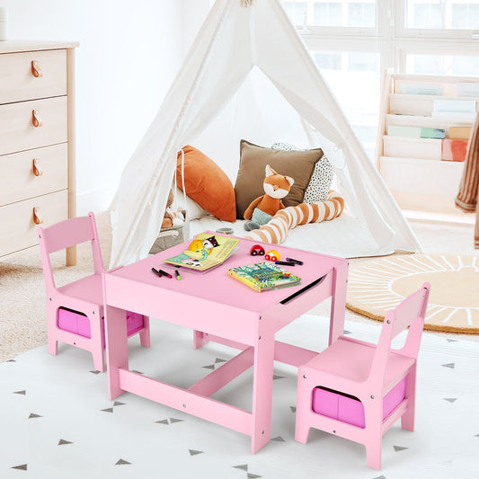 Kids Table Chairs Set With Storage Boxes Blackboard Whiteboard Drawing, Pink - Gallery Canada
