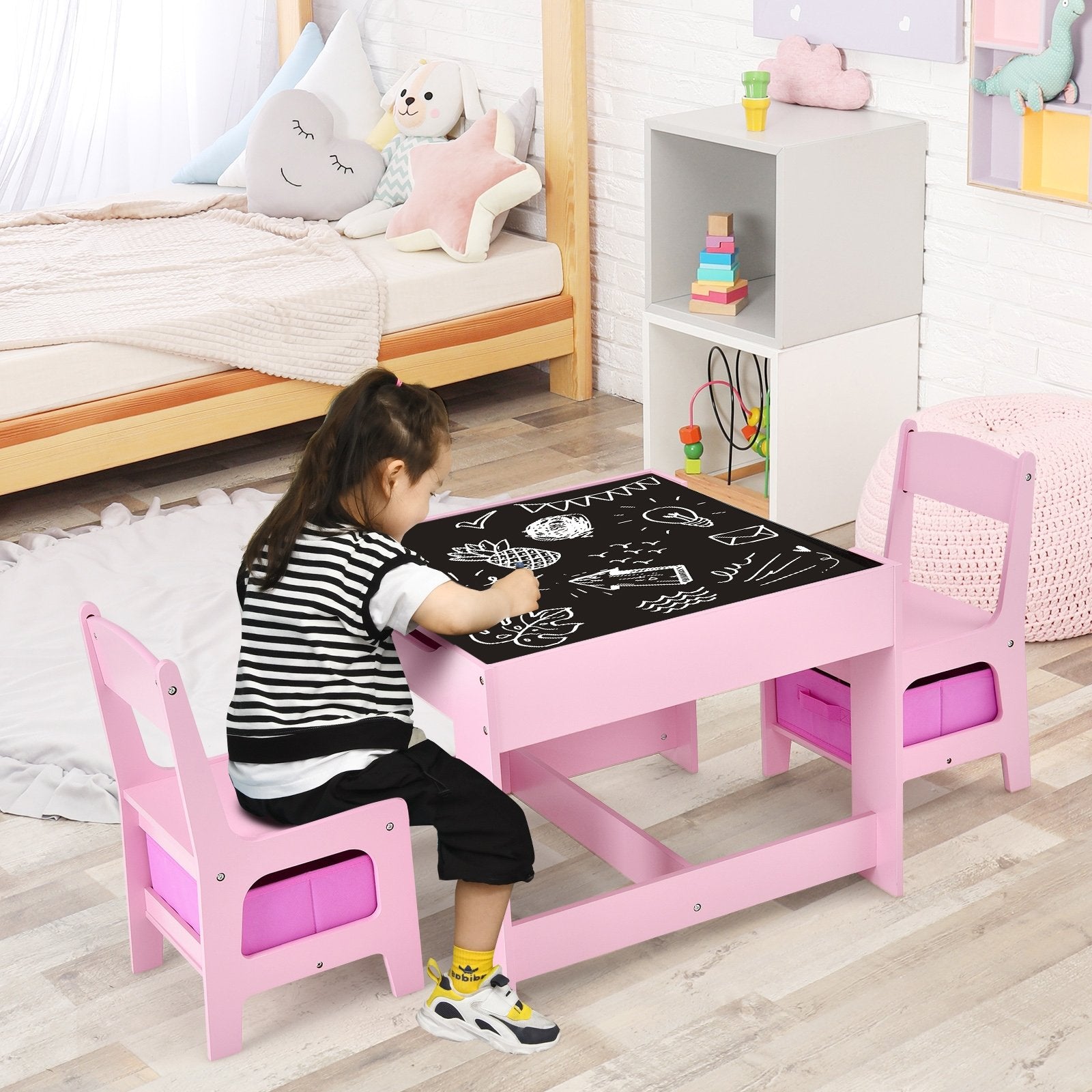 Kids Table Chairs Set With Storage Boxes Blackboard Whiteboard Drawing, Pink Kids Table & Chair Sets   at Gallery Canada