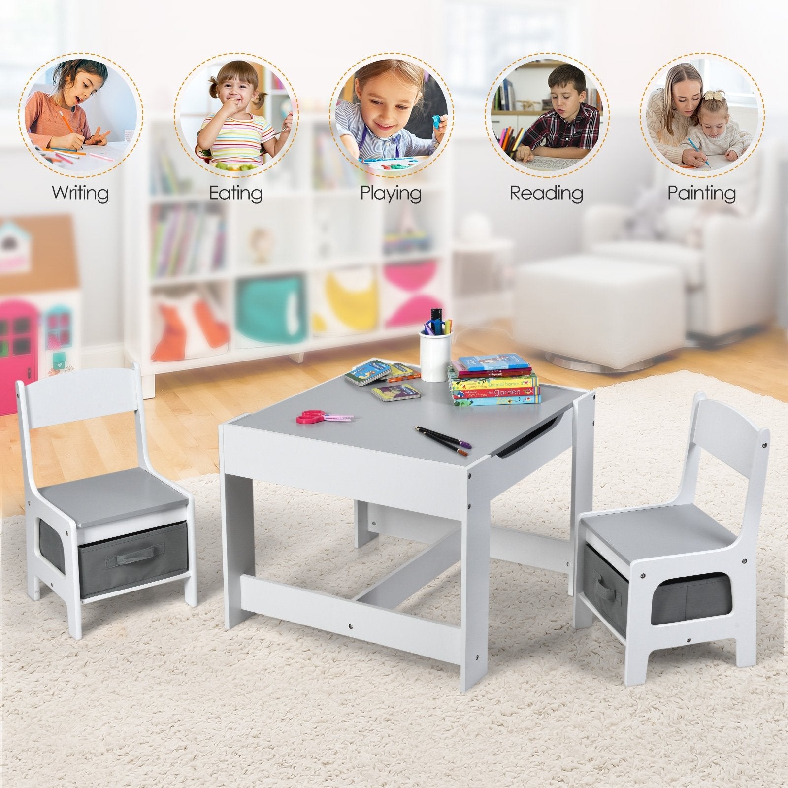 Kids Table Chairs Set With Storage Boxes Blackboard Whiteboard Drawing, White - Gallery Canada