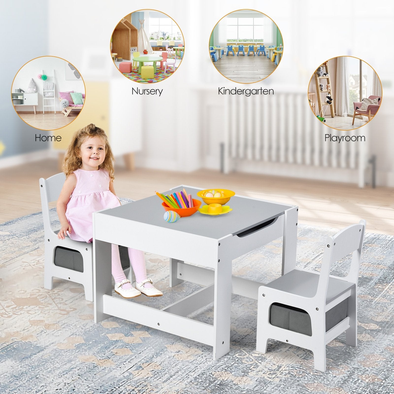 Kids Table Chairs Set With Storage Boxes Blackboard Whiteboard Drawing, White Kids Table & Chair Sets   at Gallery Canada