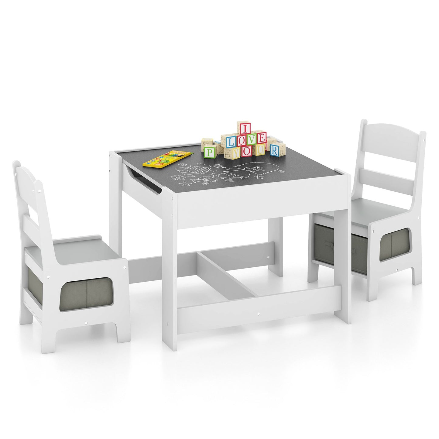 Kids Table Chairs Set With Storage Boxes Blackboard Whiteboard Drawing, White - Gallery Canada