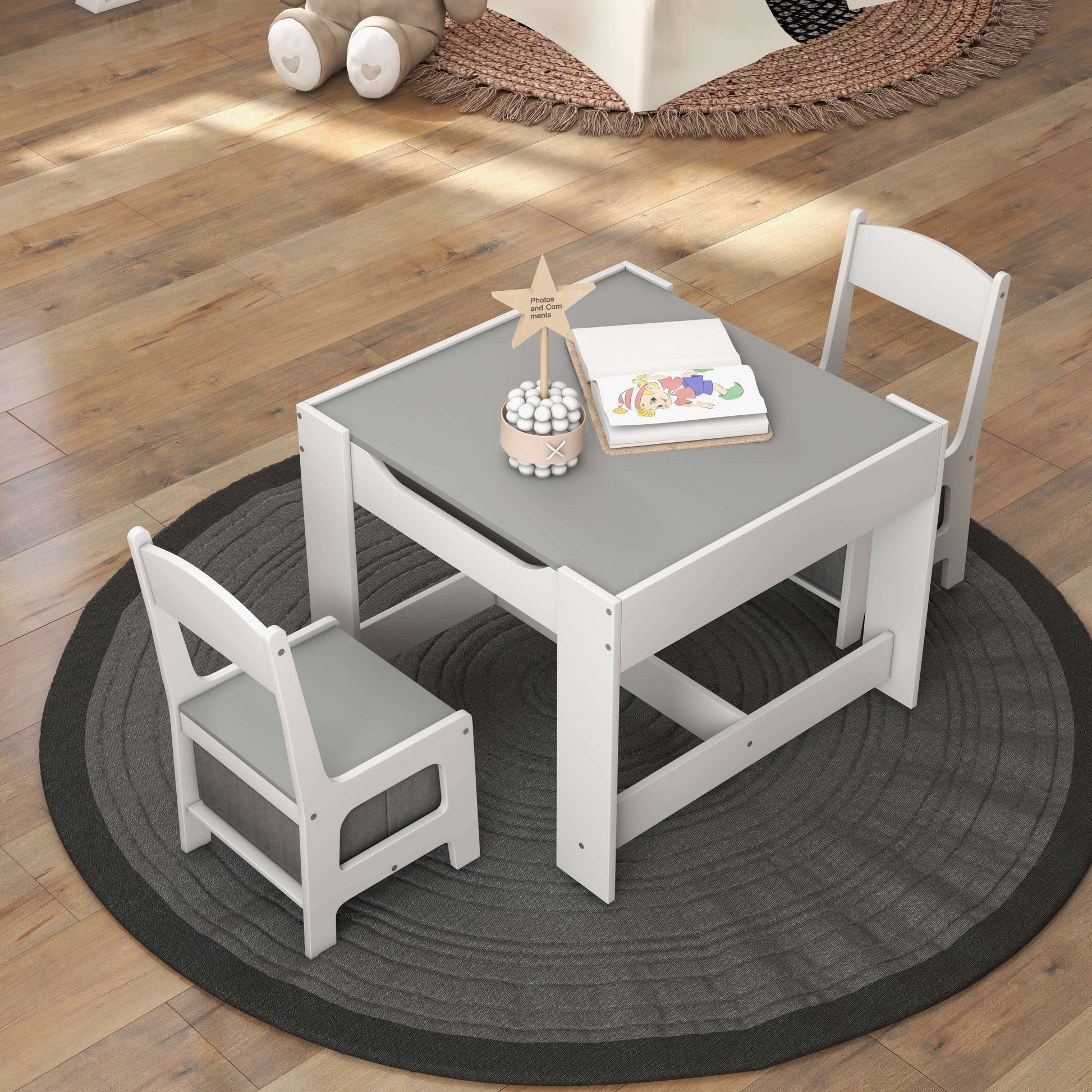 Kids Table Chairs Set With Storage Boxes Blackboard Whiteboard Drawing, White - Gallery Canada
