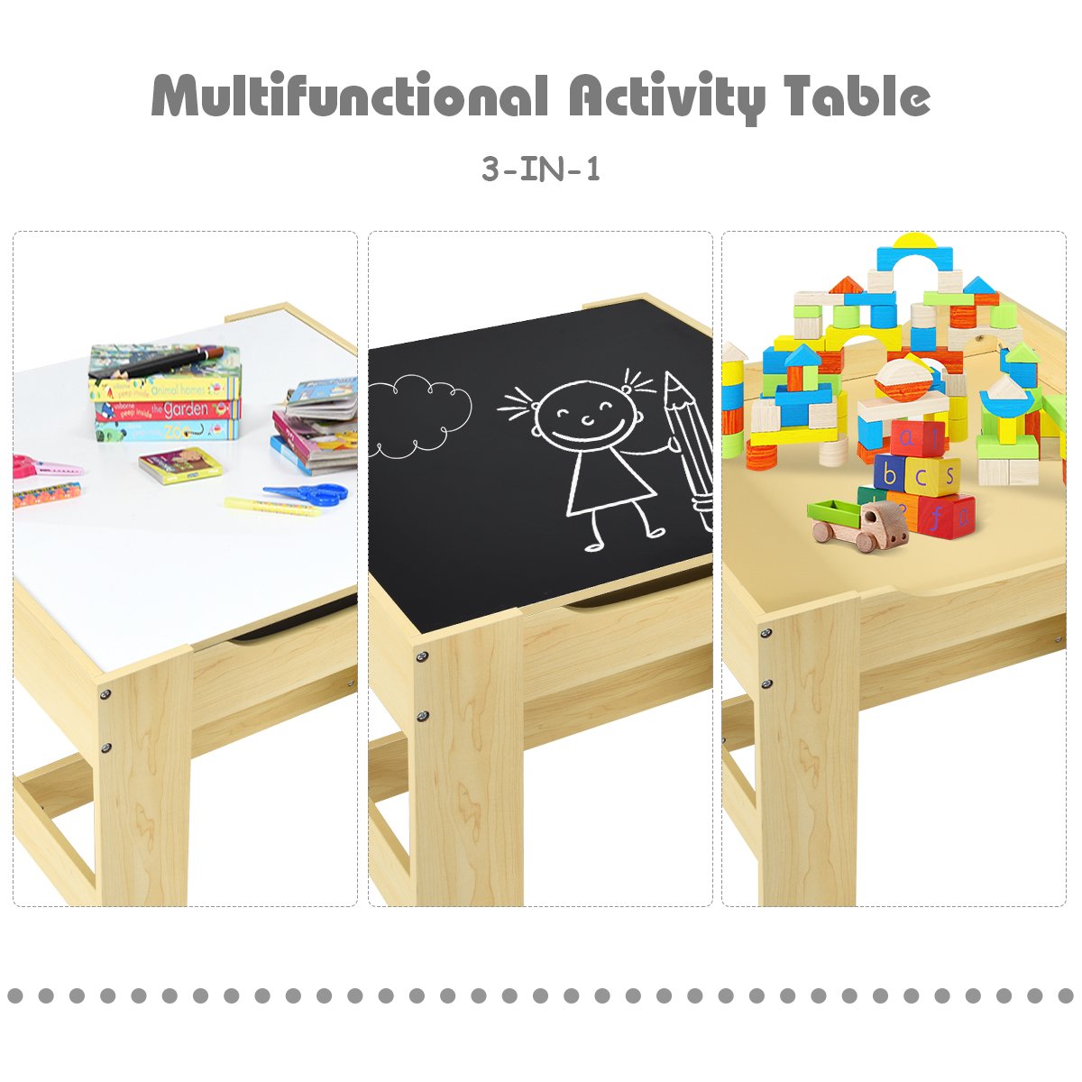 Kids Table Chairs Set With Storage Boxes Blackboard Whiteboard Drawing, Natural - Gallery Canada