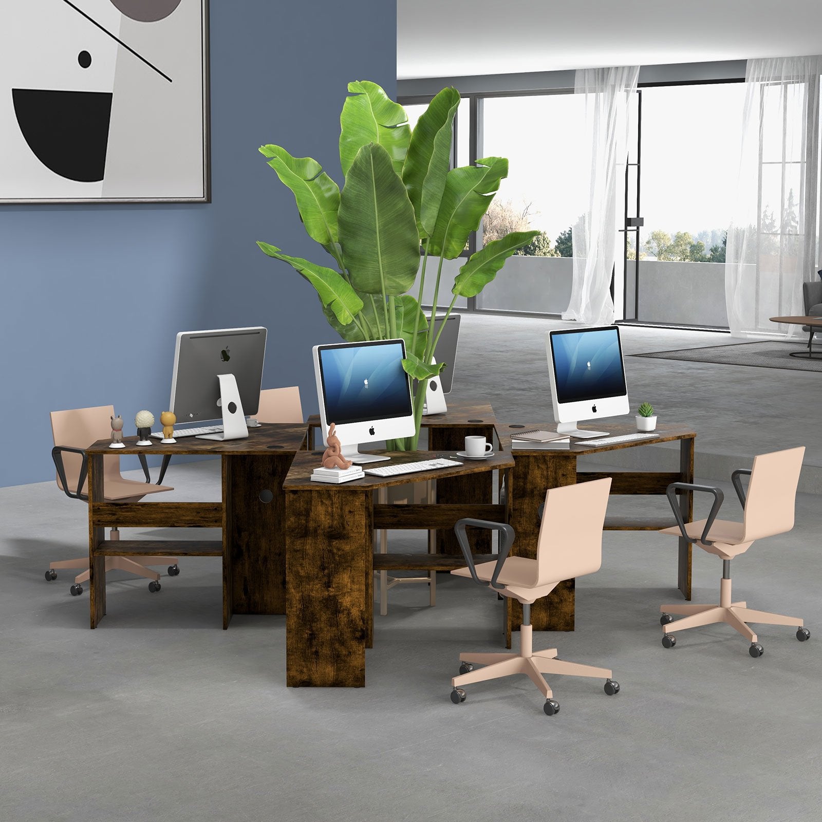 Corner Computer Desk Triangle Writing Workstation with Storage Shelf, Rustic Brown Corner Desks   at Gallery Canada