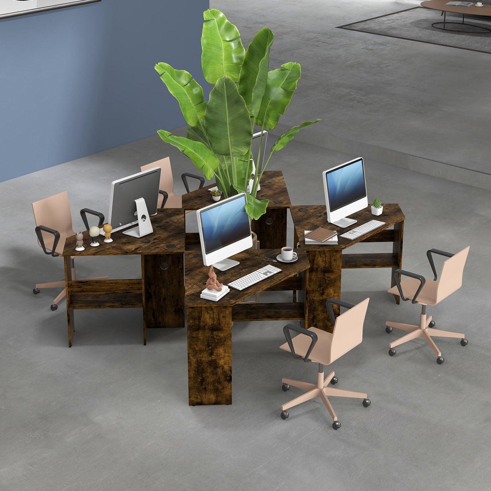 Corner Computer Desk Triangle Writing Workstation with Storage Shelf, Rustic Brown Corner Desks   at Gallery Canada