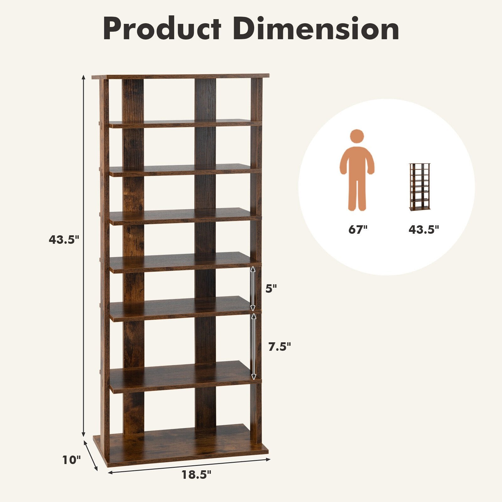 7 Tiers Vertical Shoe Rack for Front Door, Rustic Brown Shoe Racks & Storage Benches   at Gallery Canada